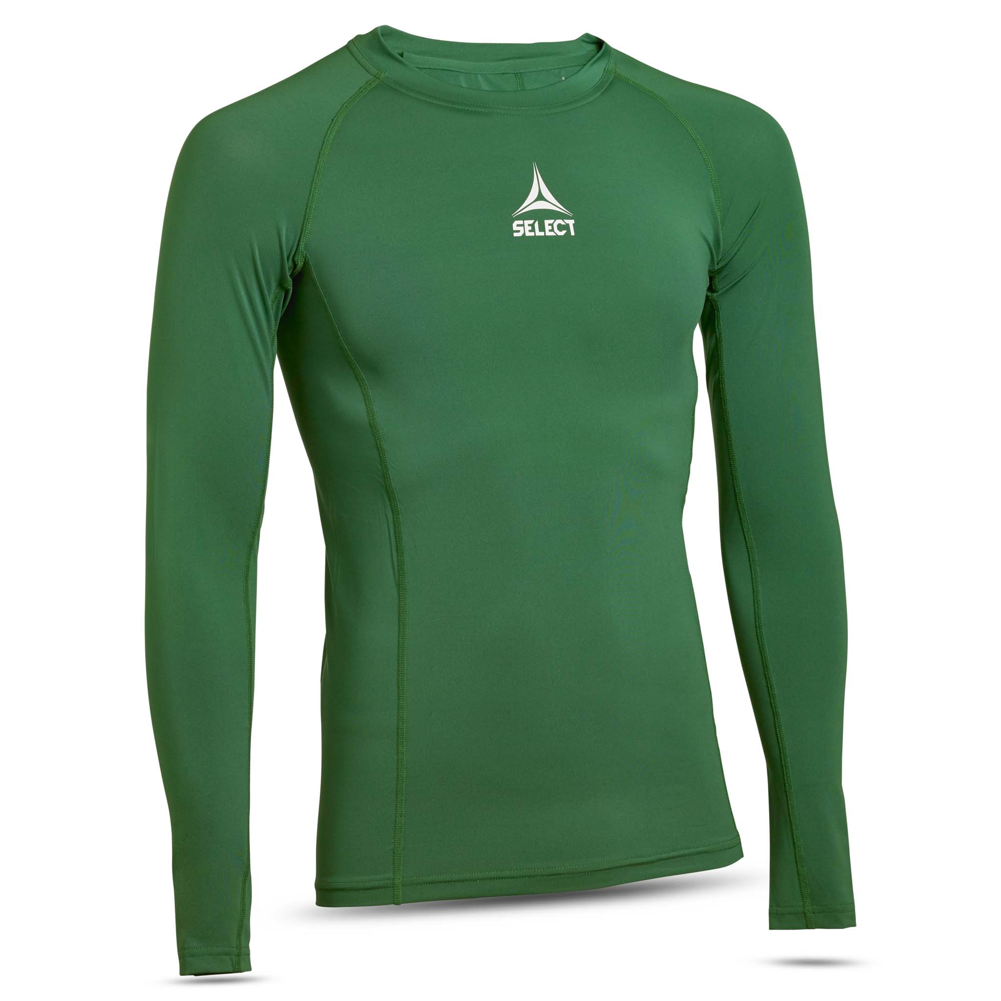 Green Shirts L/S Baselayer with white logo, front page view. Long-sleeve football Baselayer.