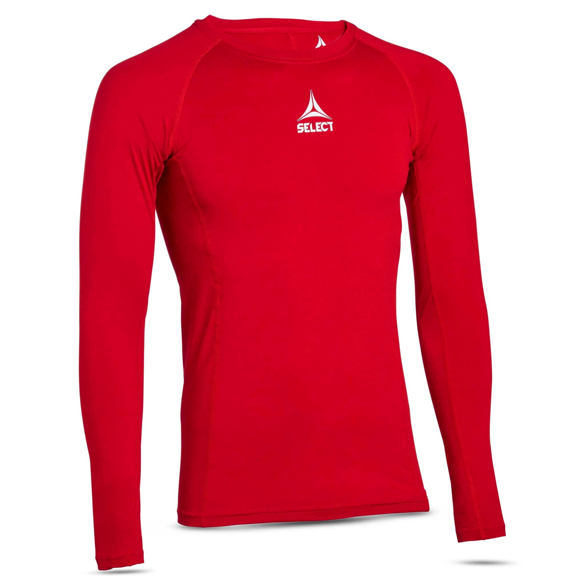 Red long-sleeve Shirts L/S Baselayer, front page view with white logo, football baselayer.