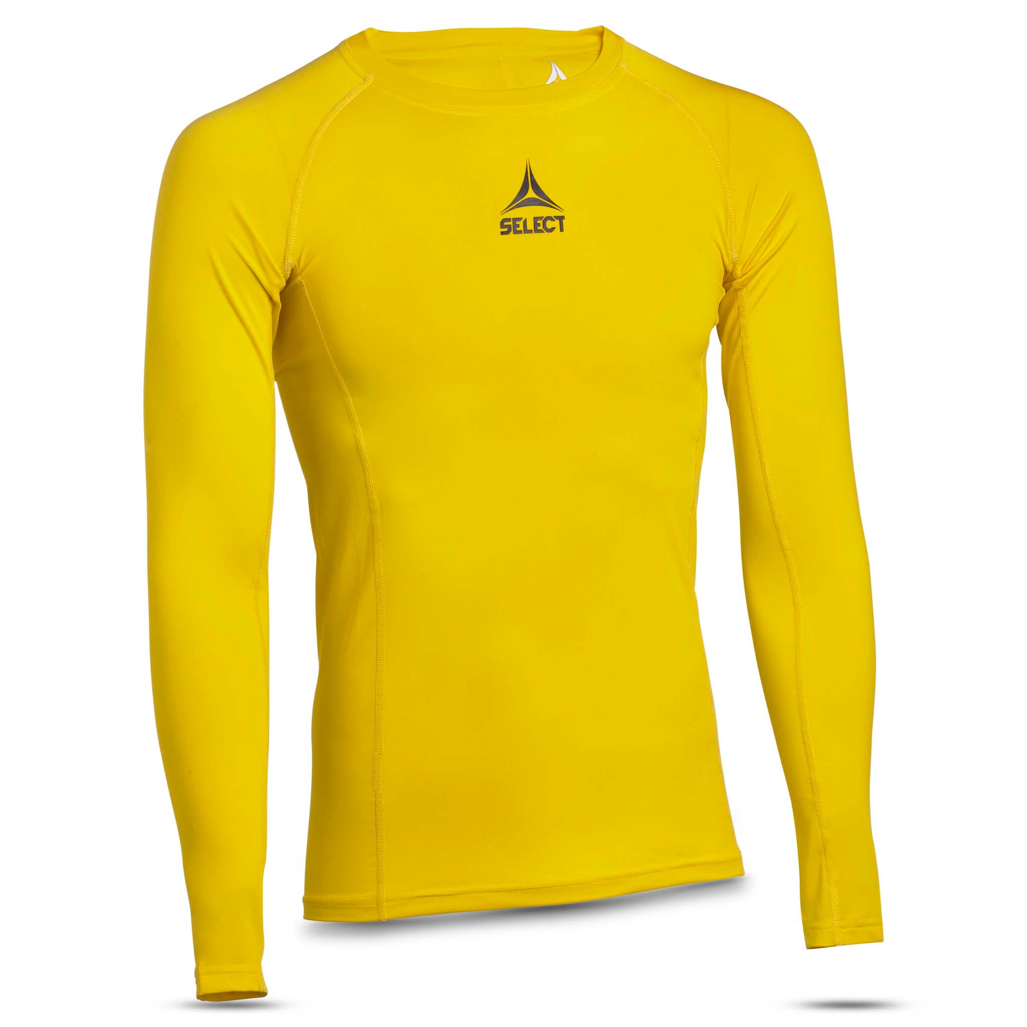 Front page of yellow Shirts L/S Baselayer, a long-sleeve football baselayer with black logo.