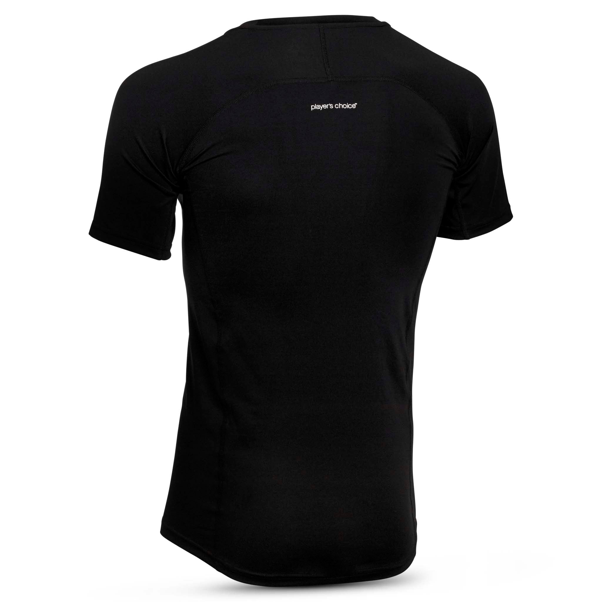 Black Shirt S/S Baselayer, back page view with short sleeves and small logo.