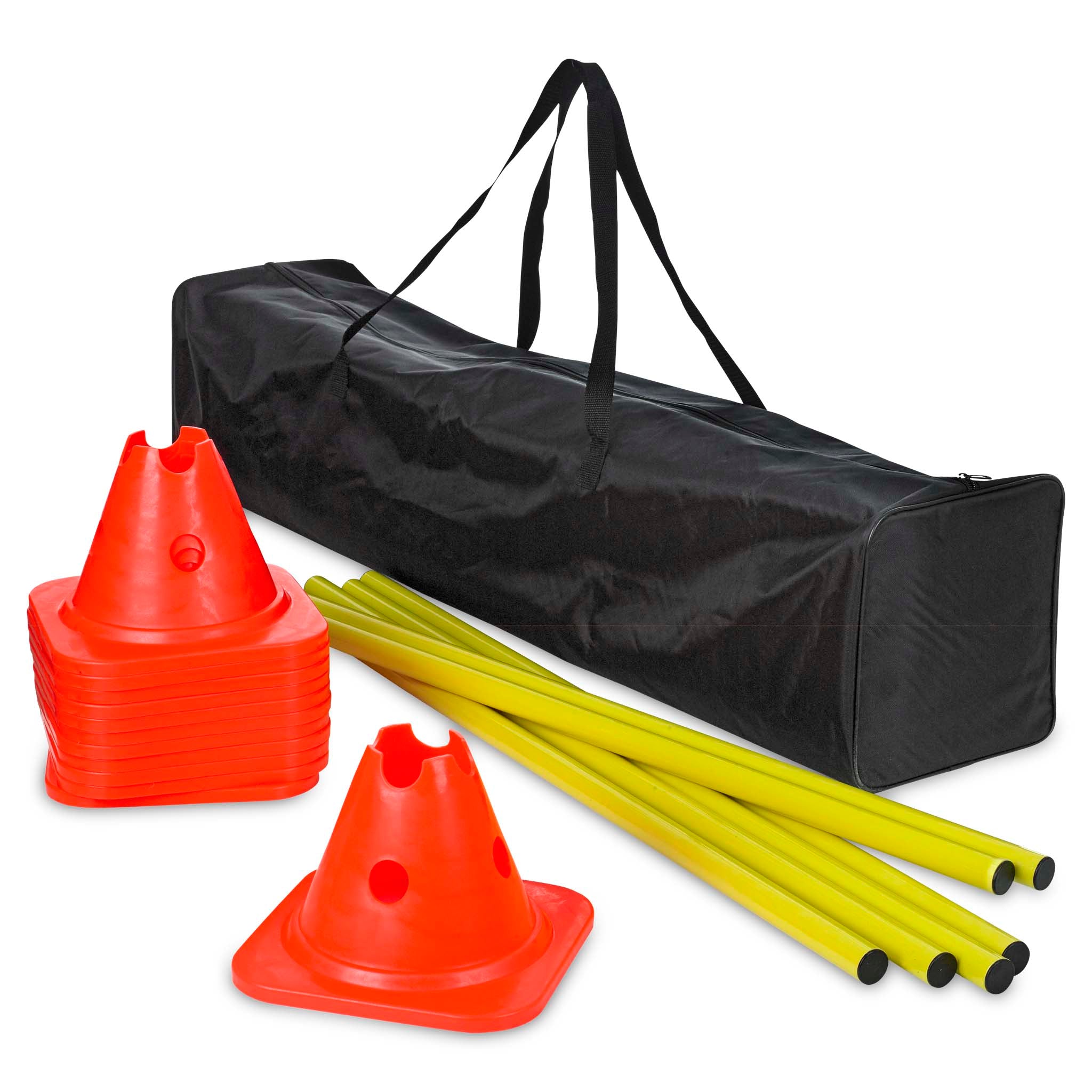 Agility set w/cones and poles, training equipment: red cones, yellow poles, black bag, front view