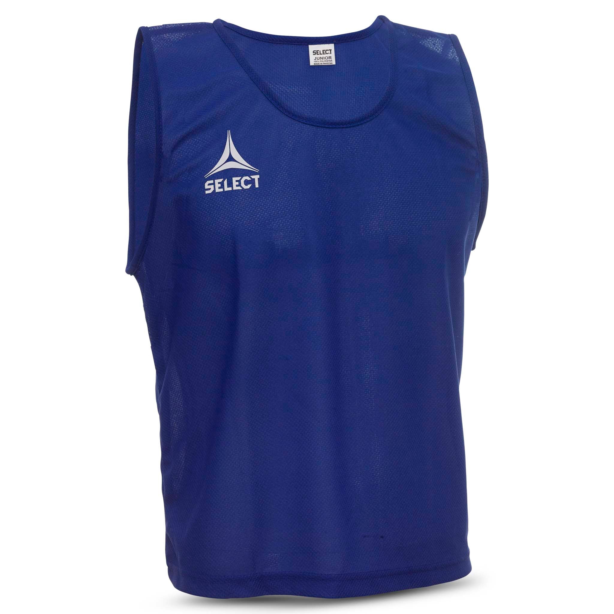 Blue Bib Basic Select training bib, front page view, mesh football accessory with white Select logo.