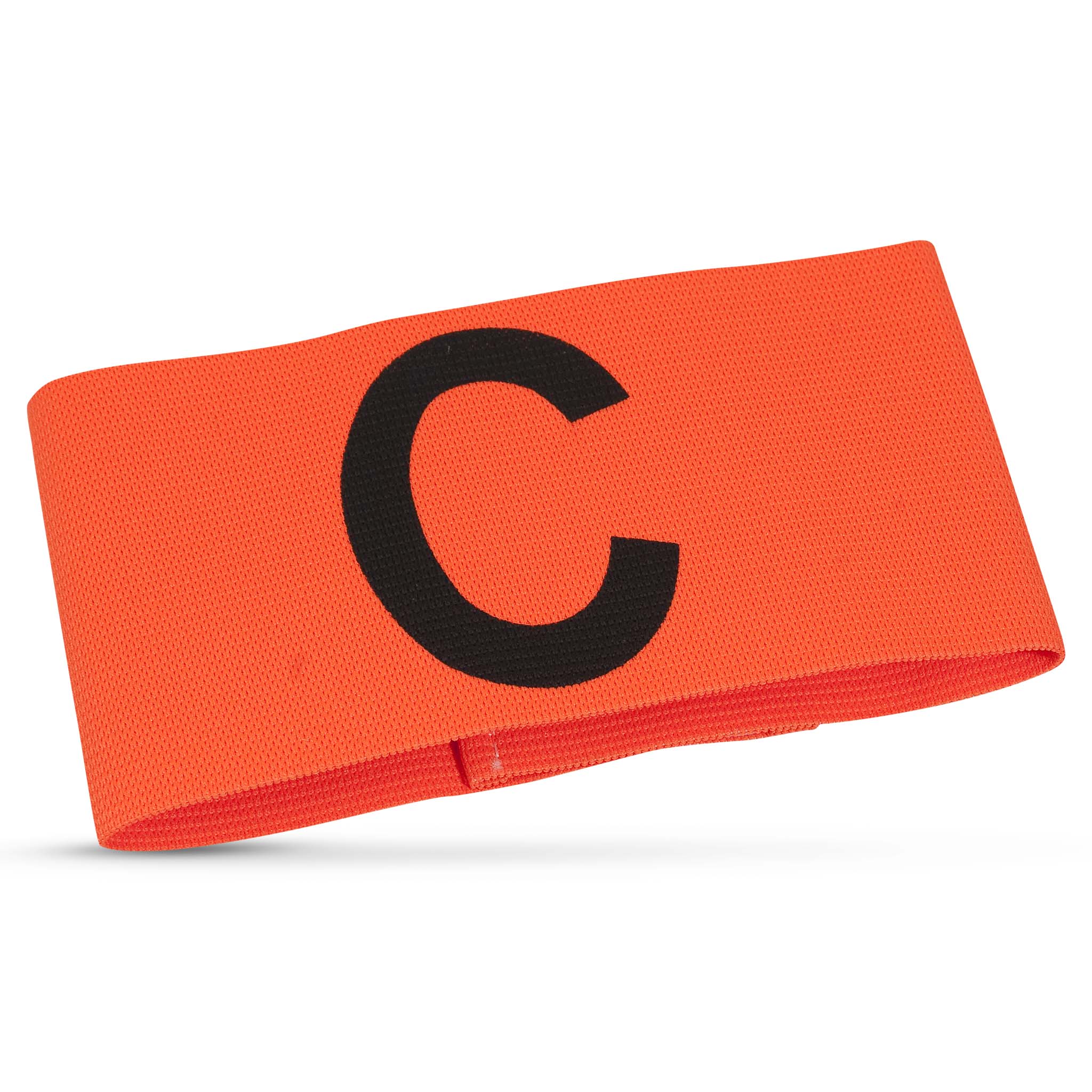 Orange football captains band with black 'C', front view. Training bibs & captains band.