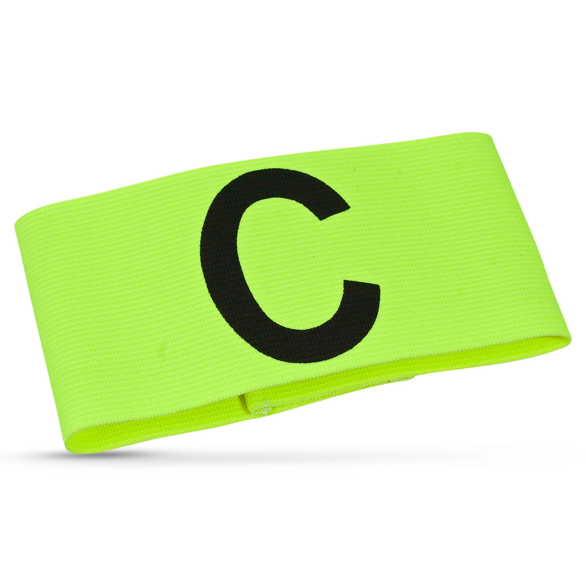 Yellow football captains band with black C, training bibs & captains band, front view.