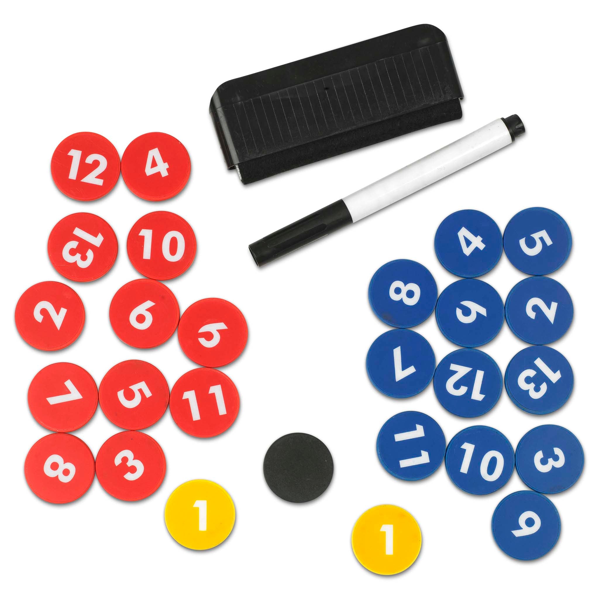 Magnet set w/27 pcs + pen + sponge, training equipment. Front page: red, blue, yellow numbered magnets with black eraser and pen.