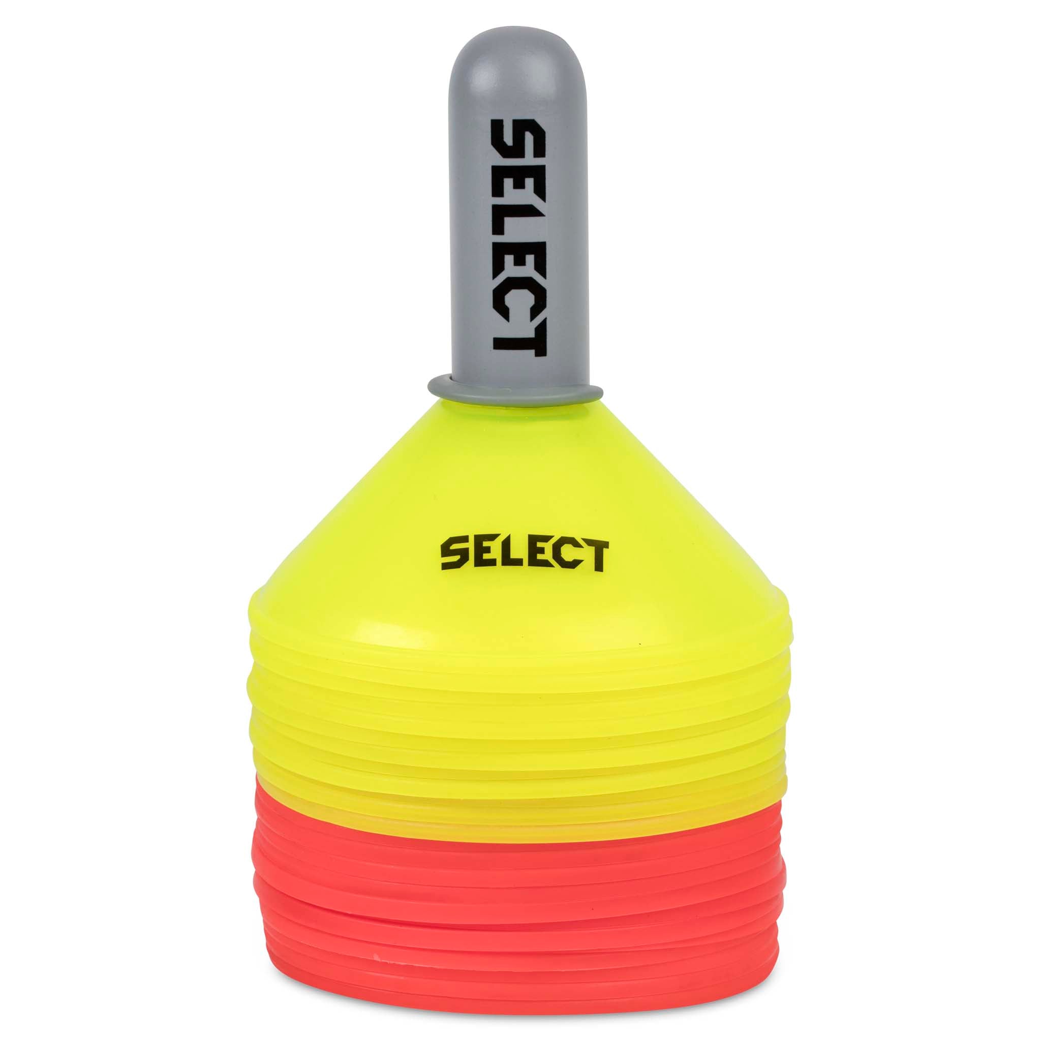 Front view of Marker set 24 pcs w/plastic holder, yellow and red football training equipment with grey holder.