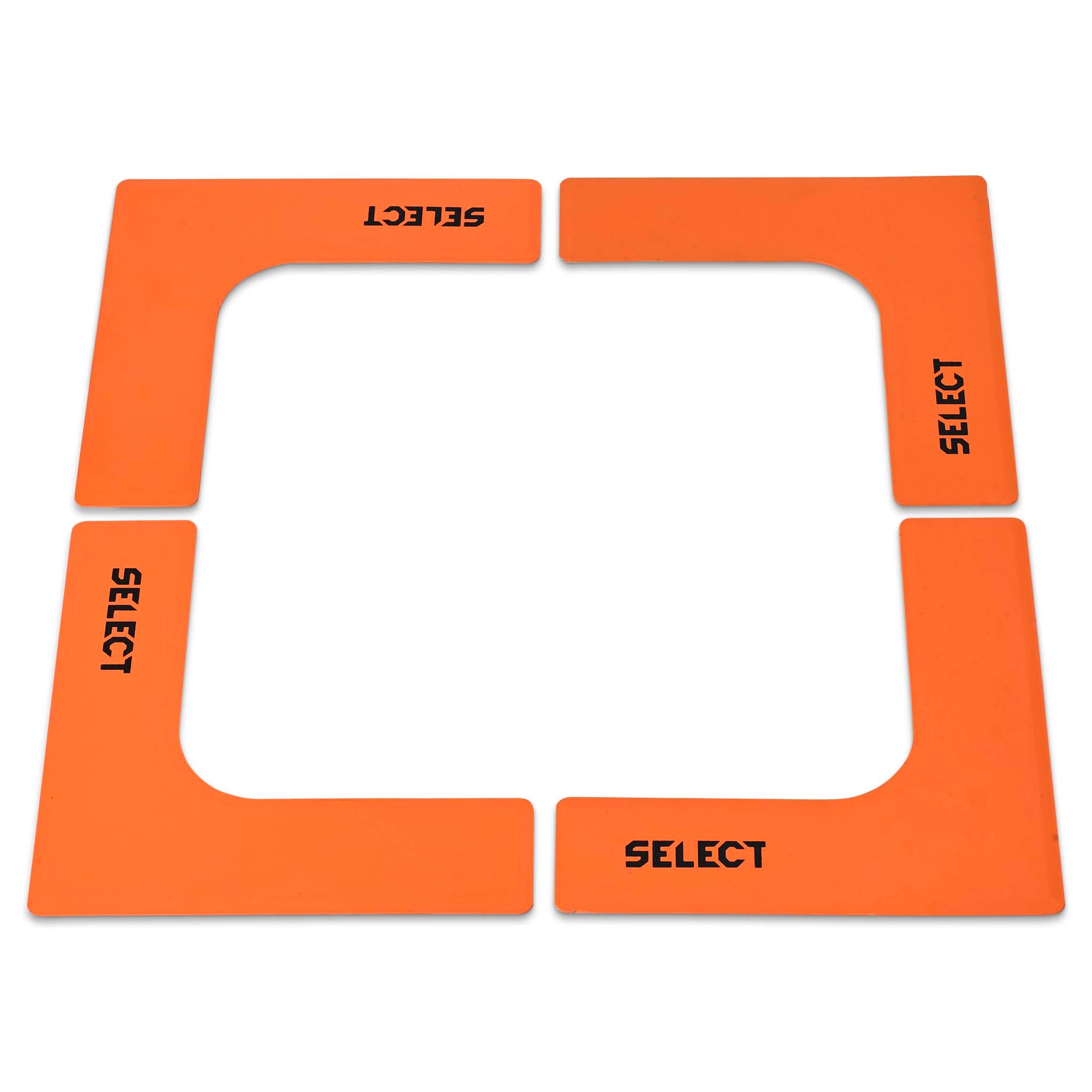 Orange Rubber marker L shape, training equipment, 4 L-shaped pieces with black SELECT branding, front view.