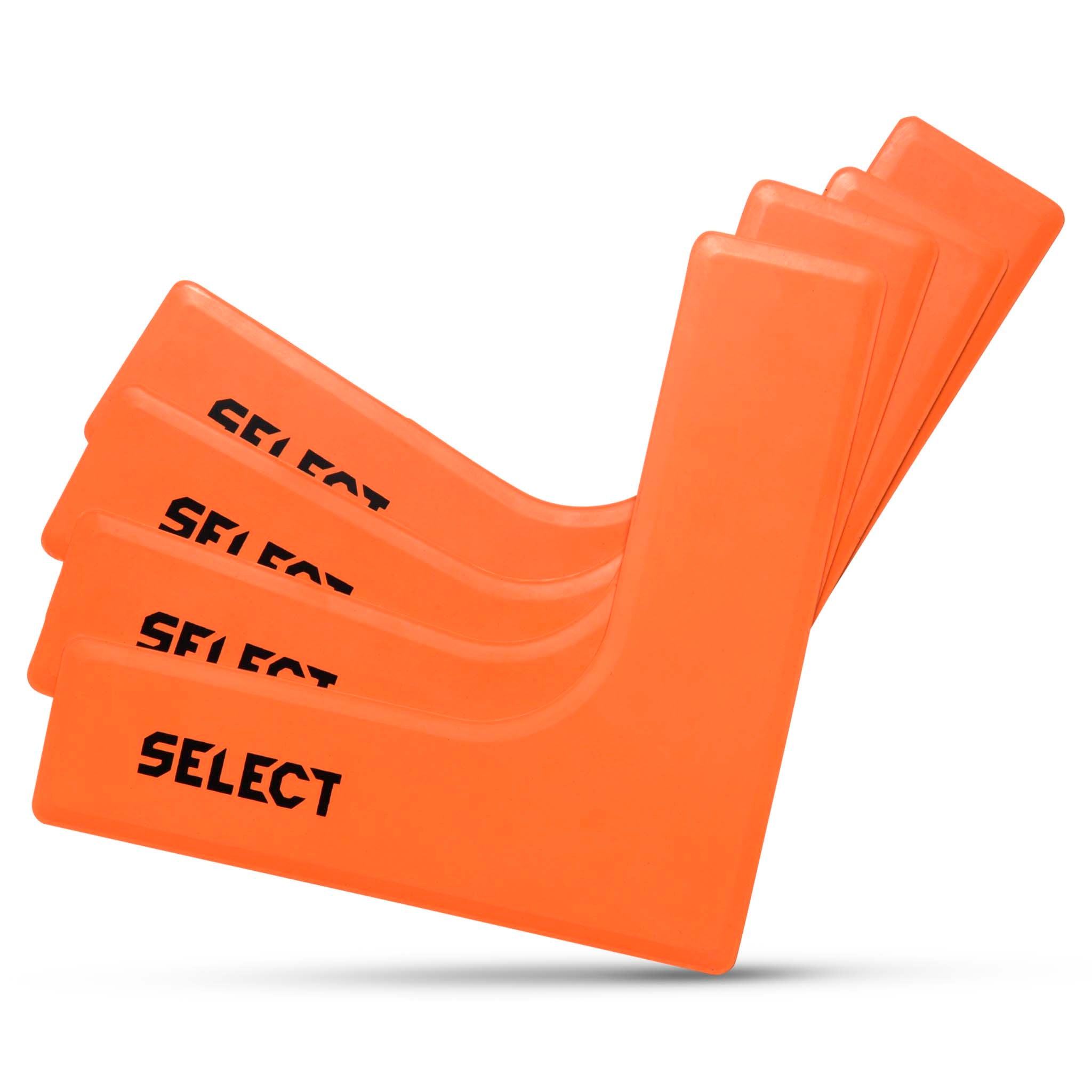 Front page of orange Rubber marker L shape, football training equipment, with black SELECT logo.