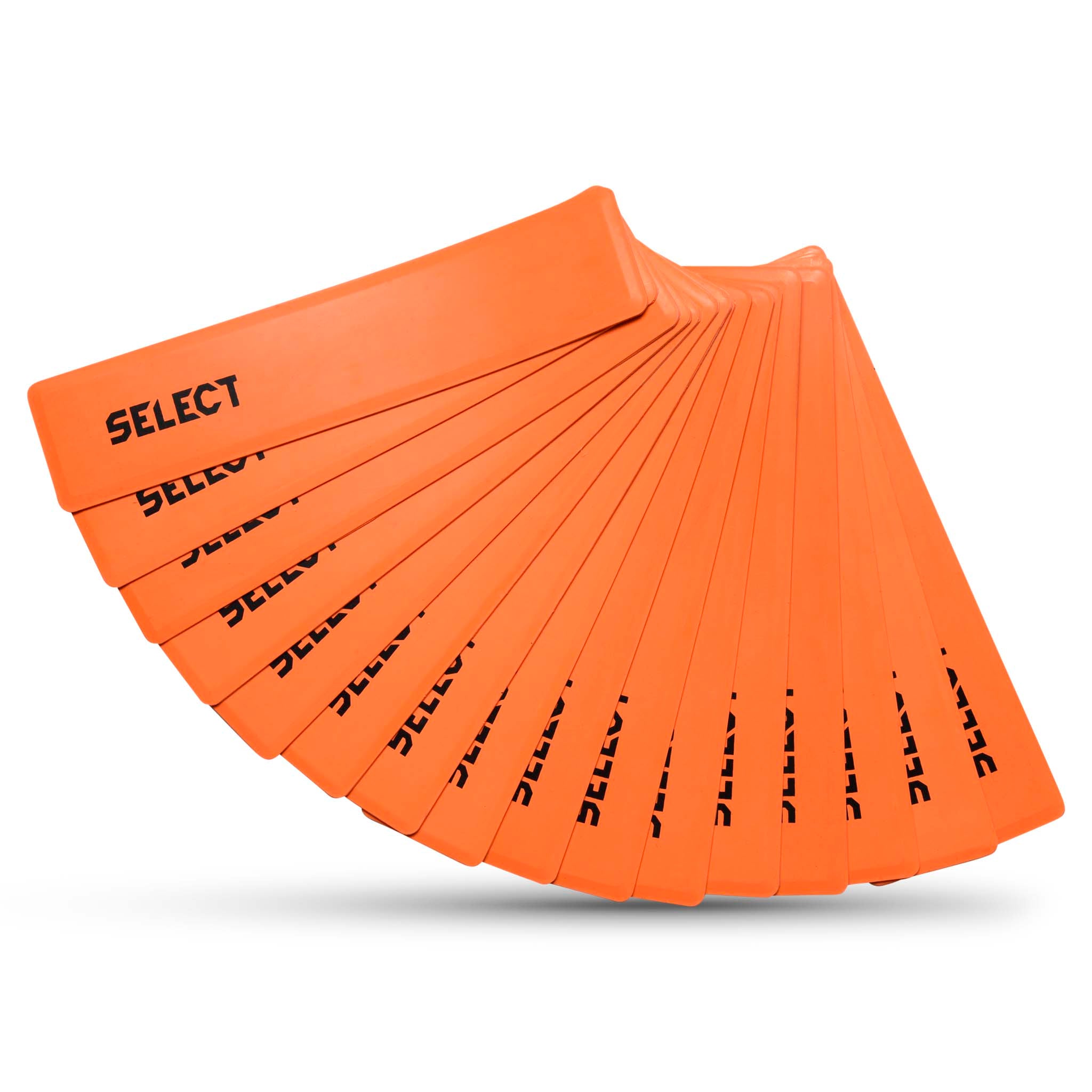 Front page of orange Rubber marker rectangle, football training equipment, fanned out set with black logo.
