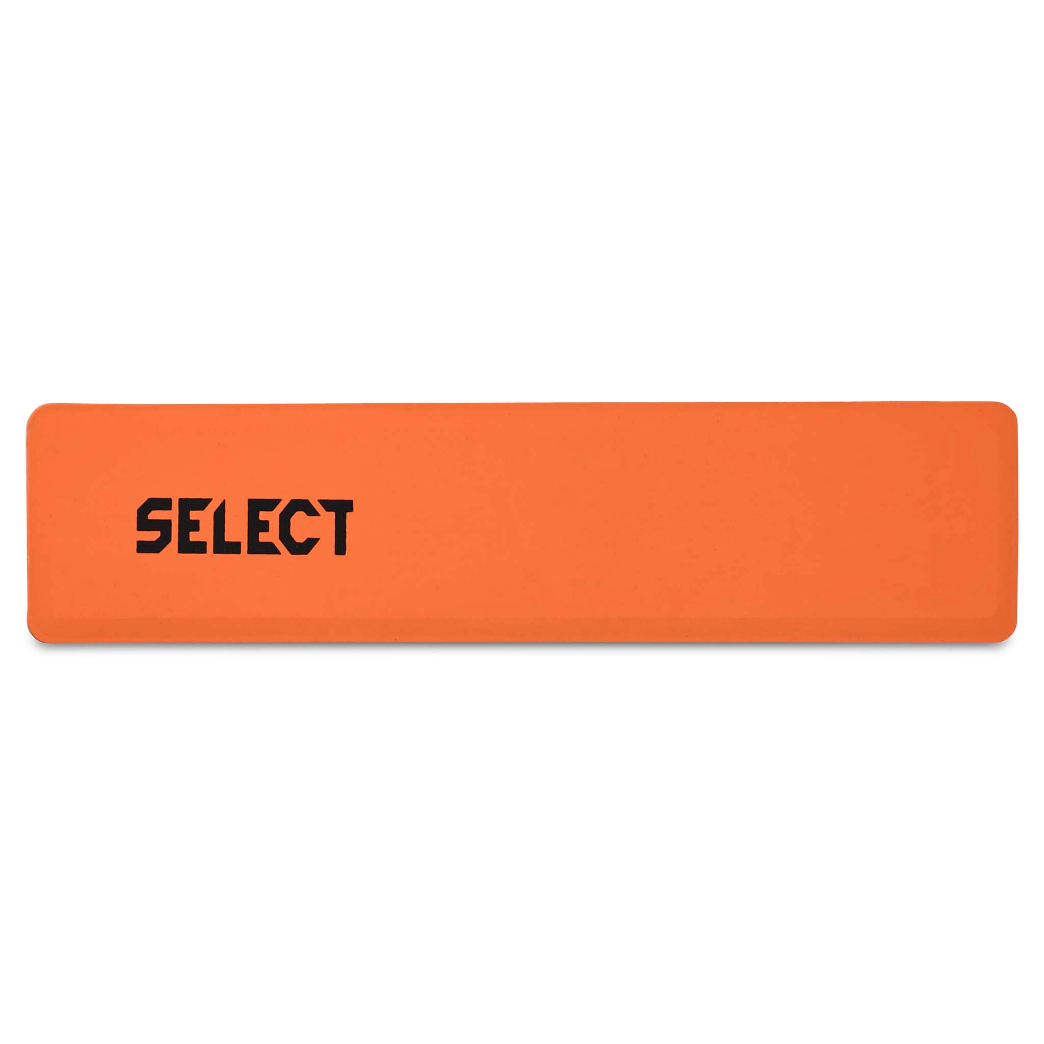 Orange Rubber marker rectangle, training equipment for football, front page view with black logo.