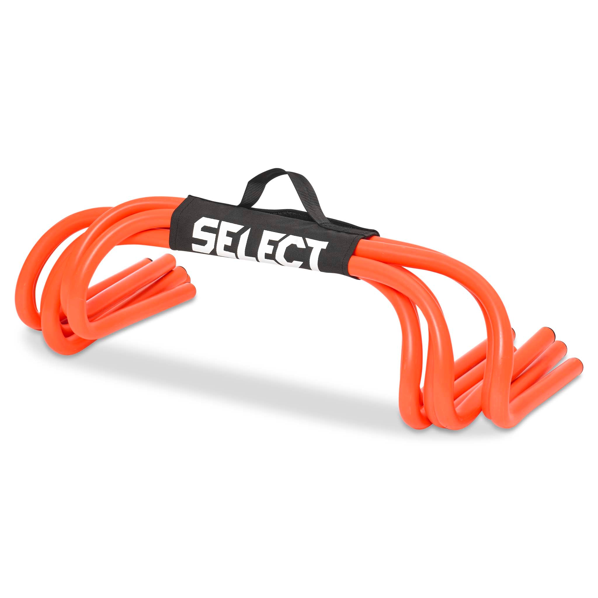 Orange Training hurdle 6-pack, football training equipment with black SELECT handle, front view.