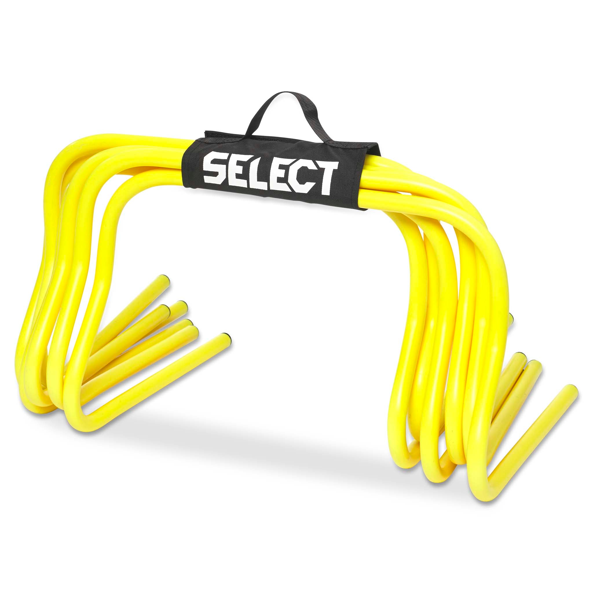 Yellow Training hurdle, football training equipment, front view with black SELECT handle.