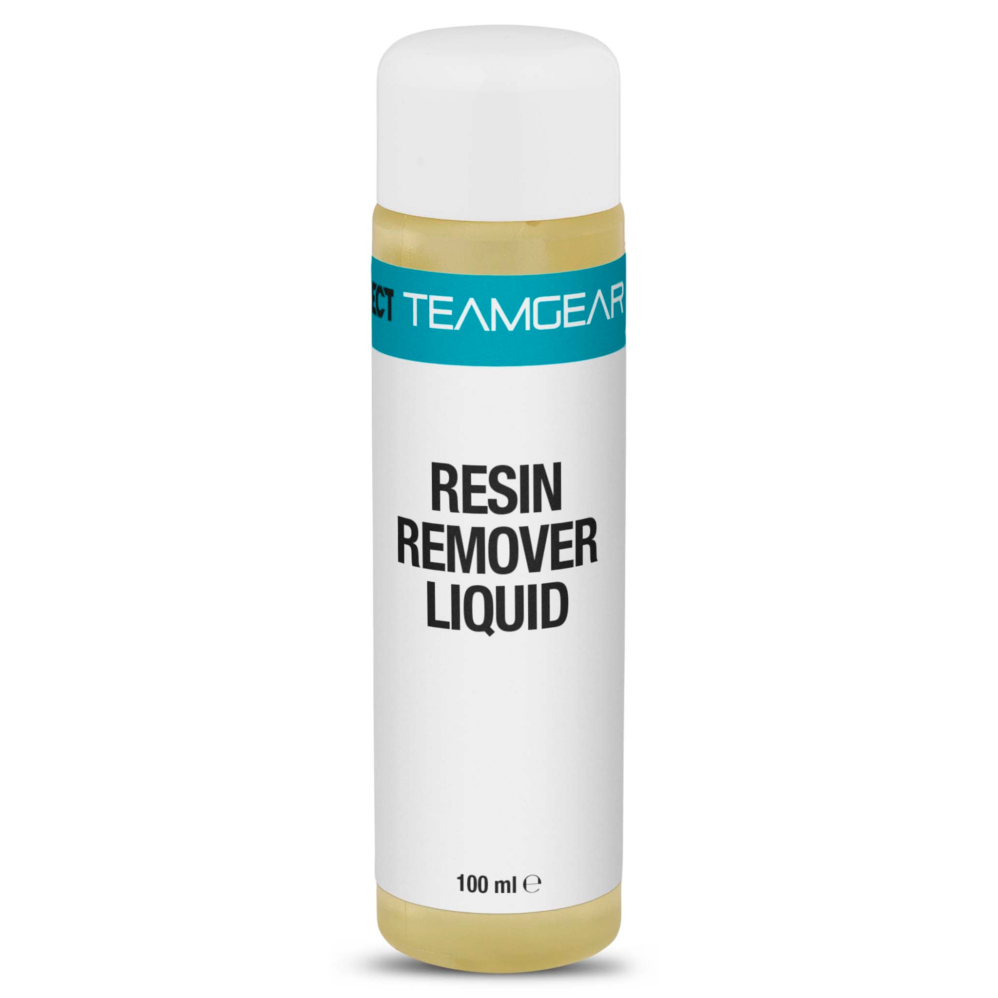 Front page of Resin remover - liquid bottle, Resin products, with white cap, transparent body and turquoise Teamgear label.