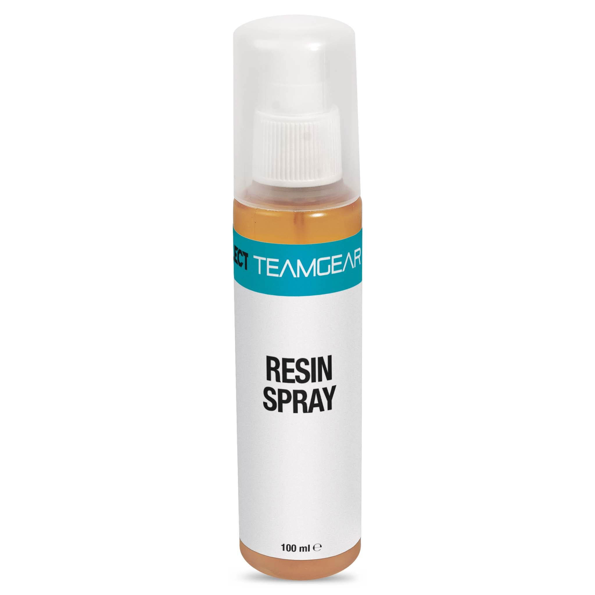 Front view of Resin spray, a resin product in a clear bottle with amber liquid, white cap and turquoise label.