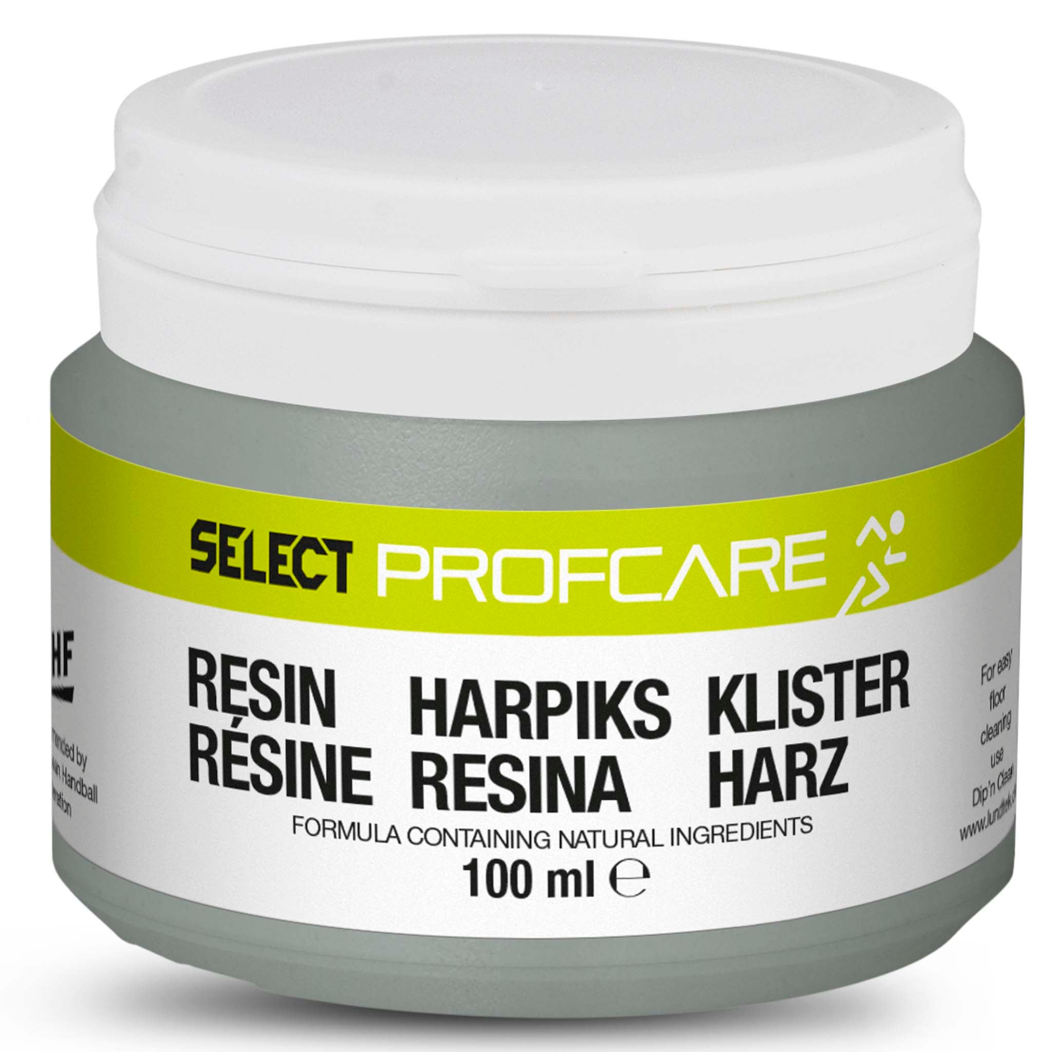 Front page of Select Profcare Resin 100ml, a gray jar with white lid and green label, a resin product.