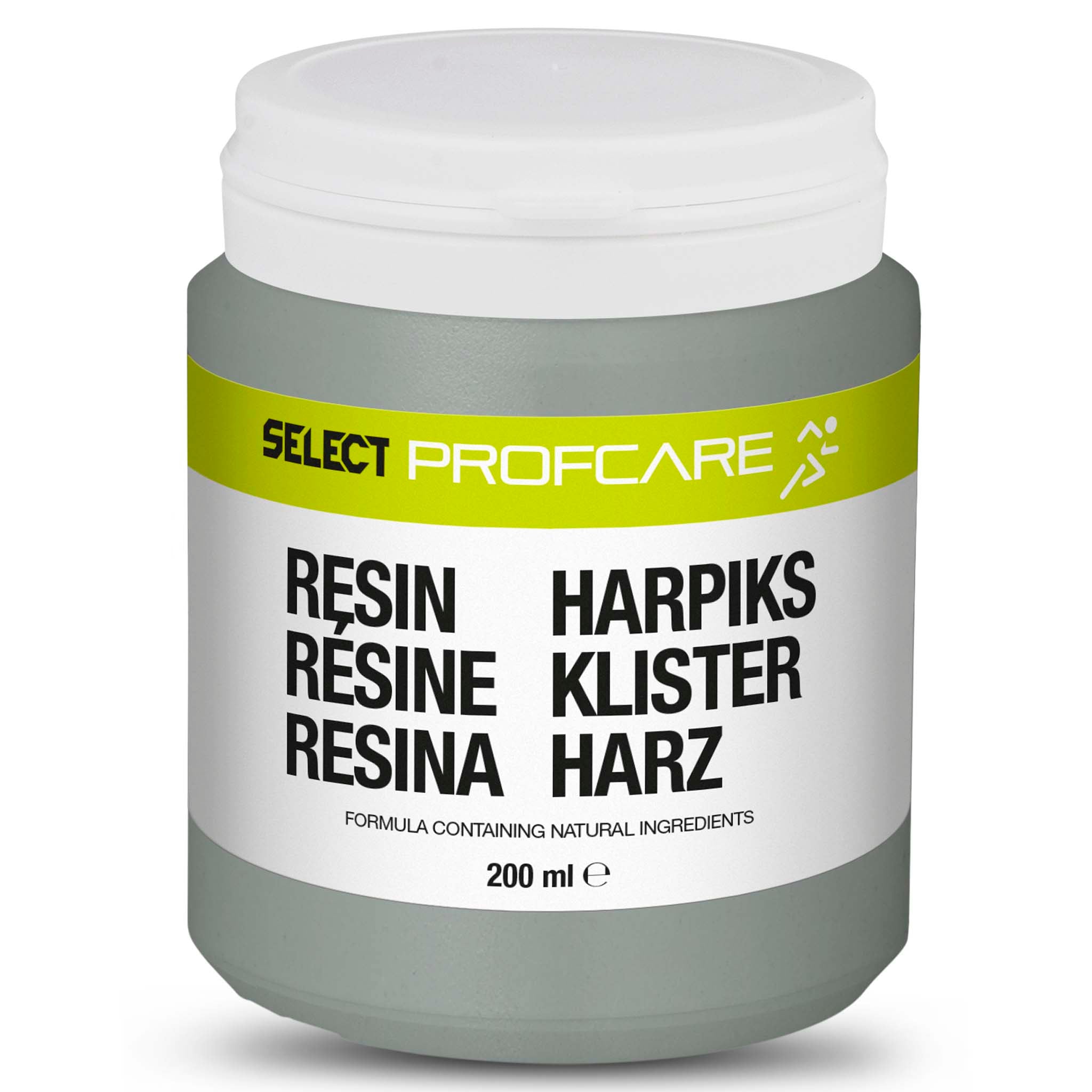 Front page of Select Profcare Resin, 200ml. White and grey tub with green label. Resin products for football.
