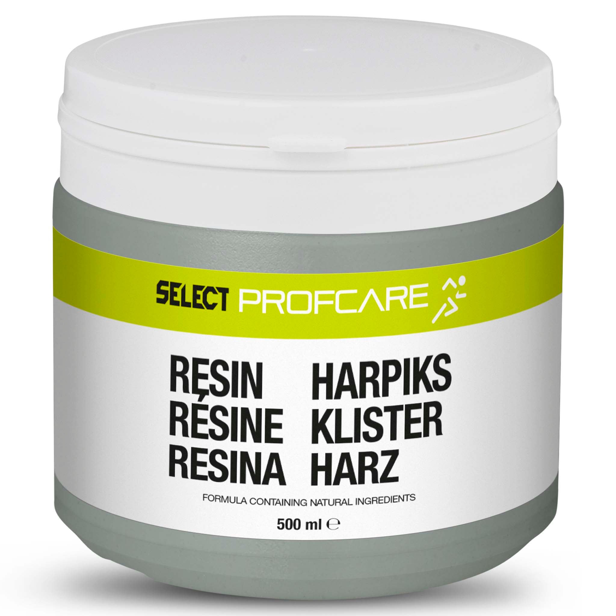 Front page of Select Profcare Resin, 500ml, white tub with green label. Resin products for football.