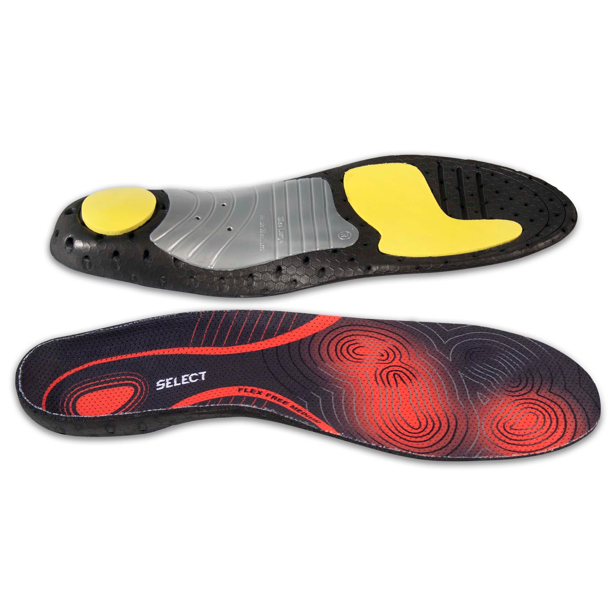 Flex Free Medium arch insoles, Sports care, in black, red and yellow, shown from front and back