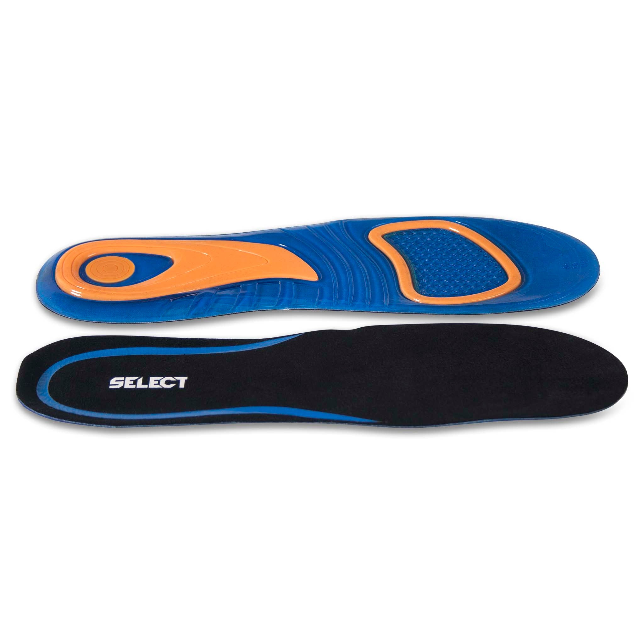 Forside af Gel Support indlægssåler, sports care, i blå, sort og orange.