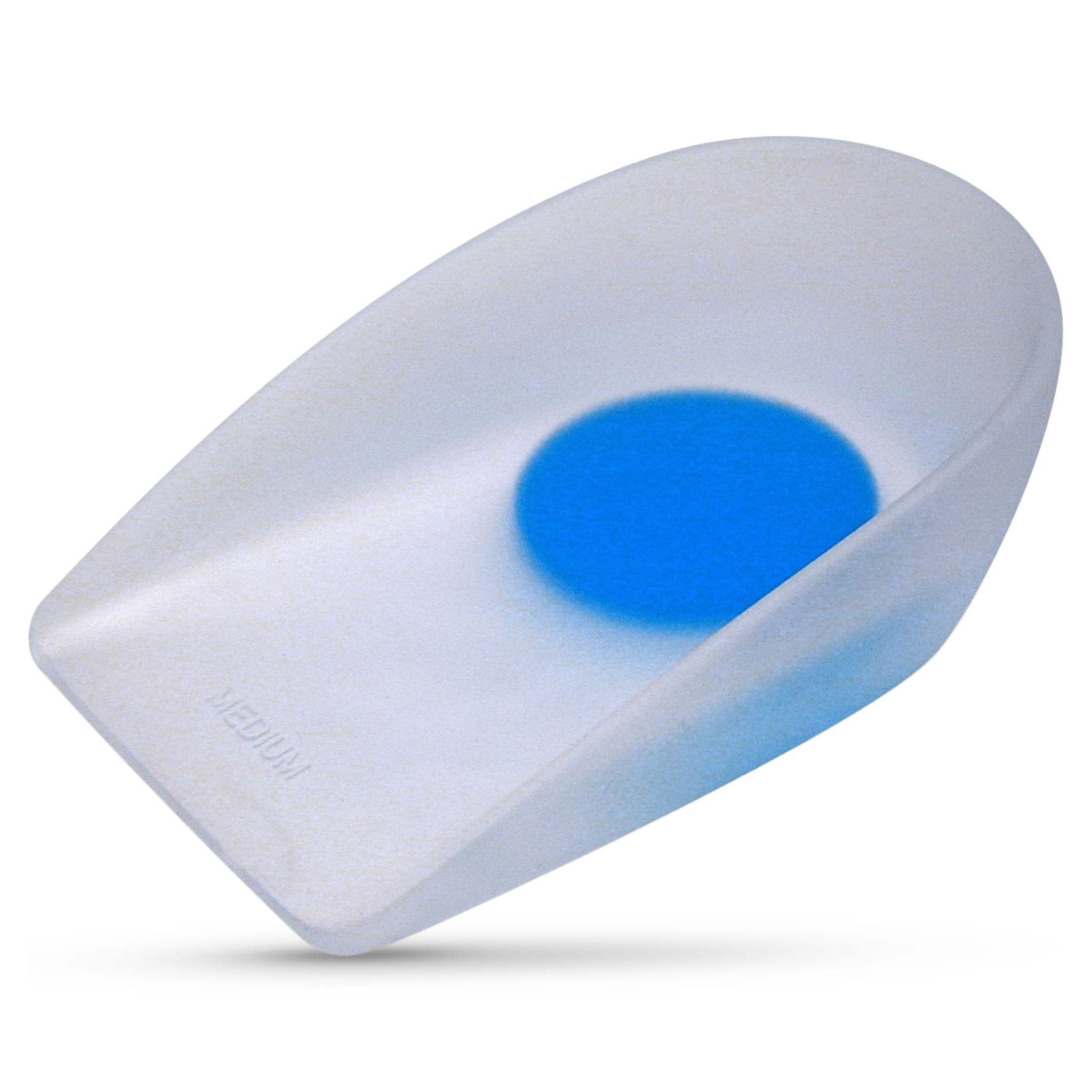 Front view of translucent Heel cup with blue gel center, sports care product for football.