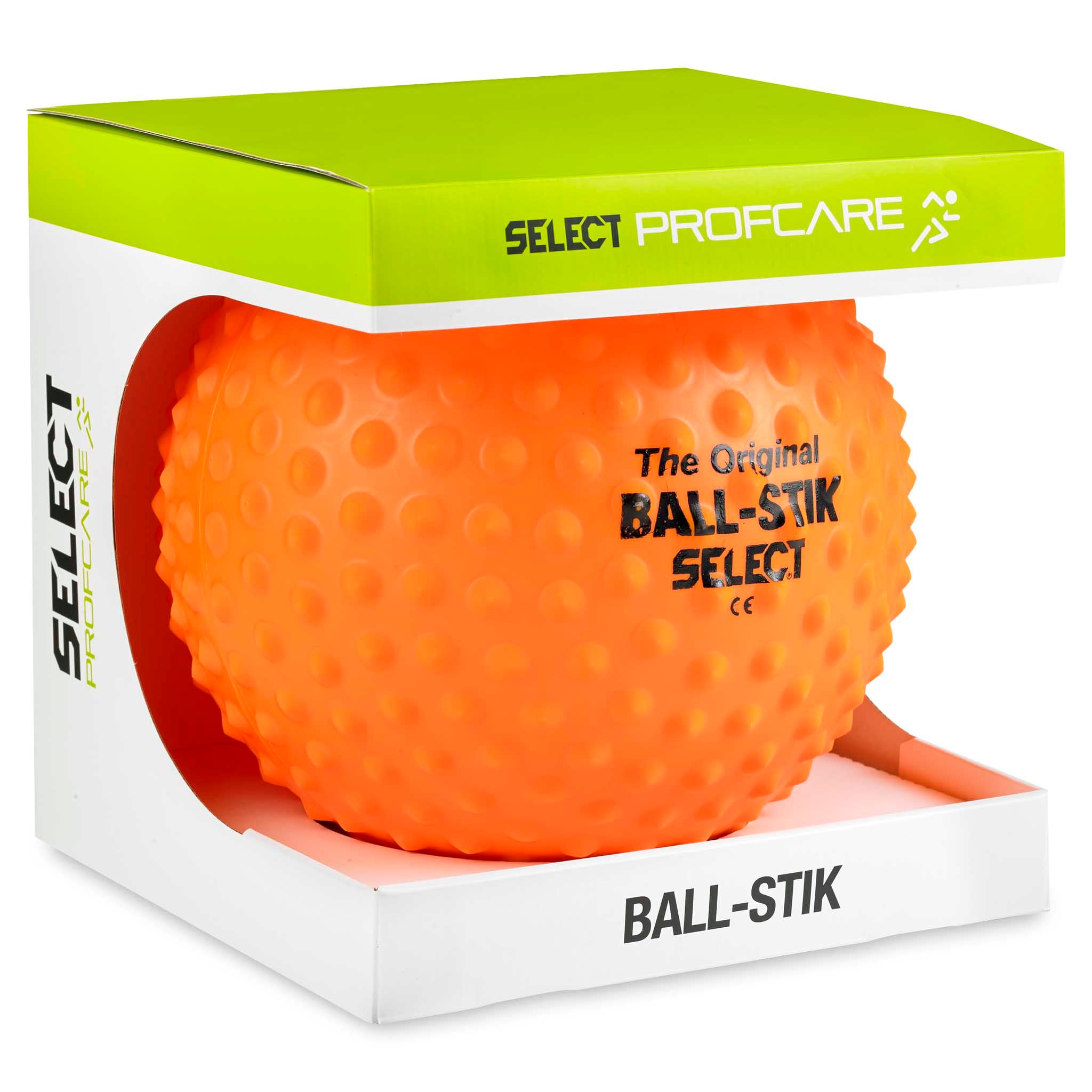 Front page of orange Select Ball-Stik massage ball with textured surface in white and green Other balls packaging.