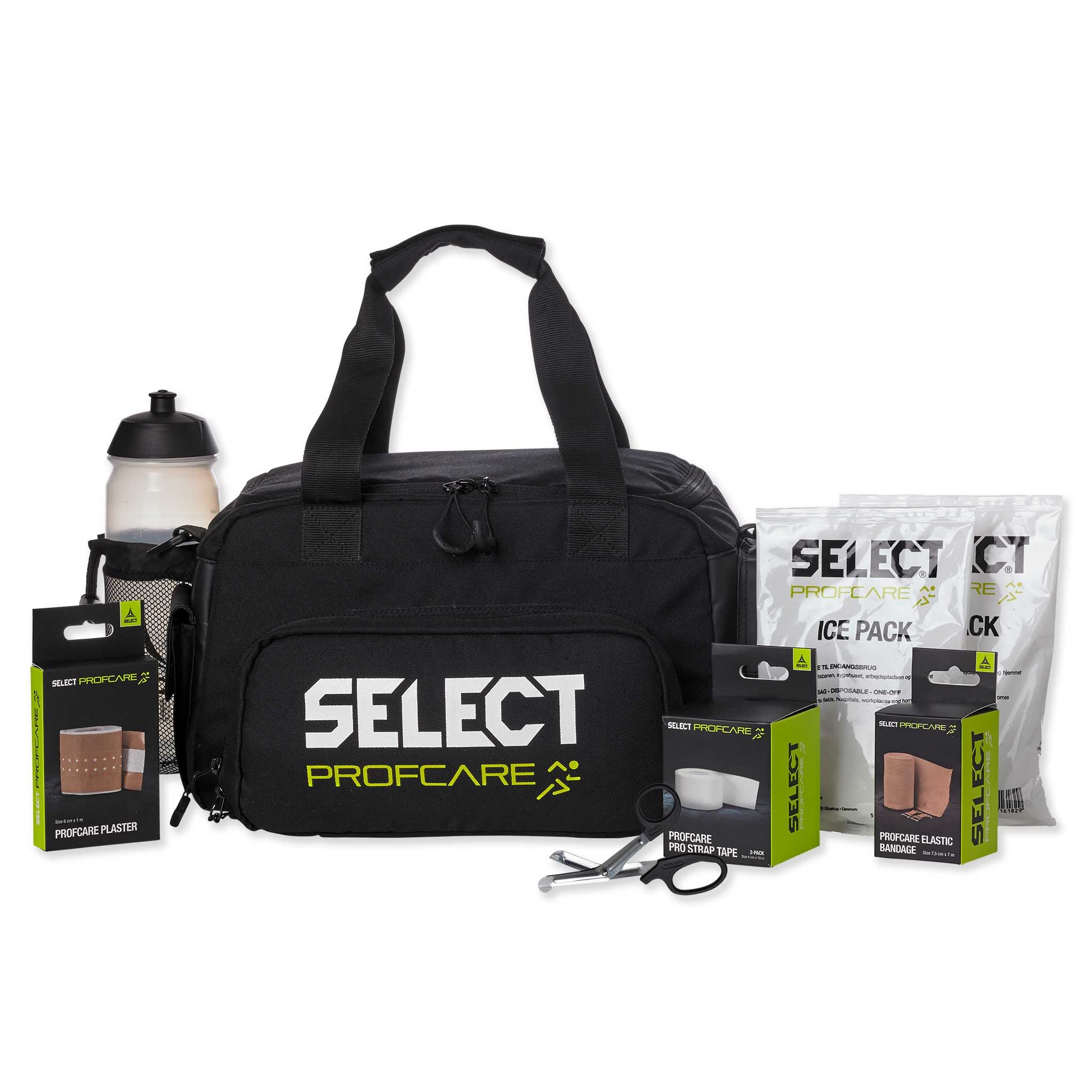 Black Medical bag Field w/contents v23 with white bottle, ice packs and plasters, Sports care, front page.