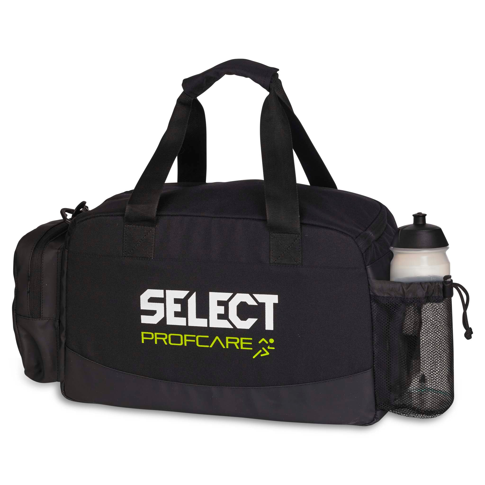 Black Medical bag junior v23, sports care, back page view with white water bottle in mesh side pocket.