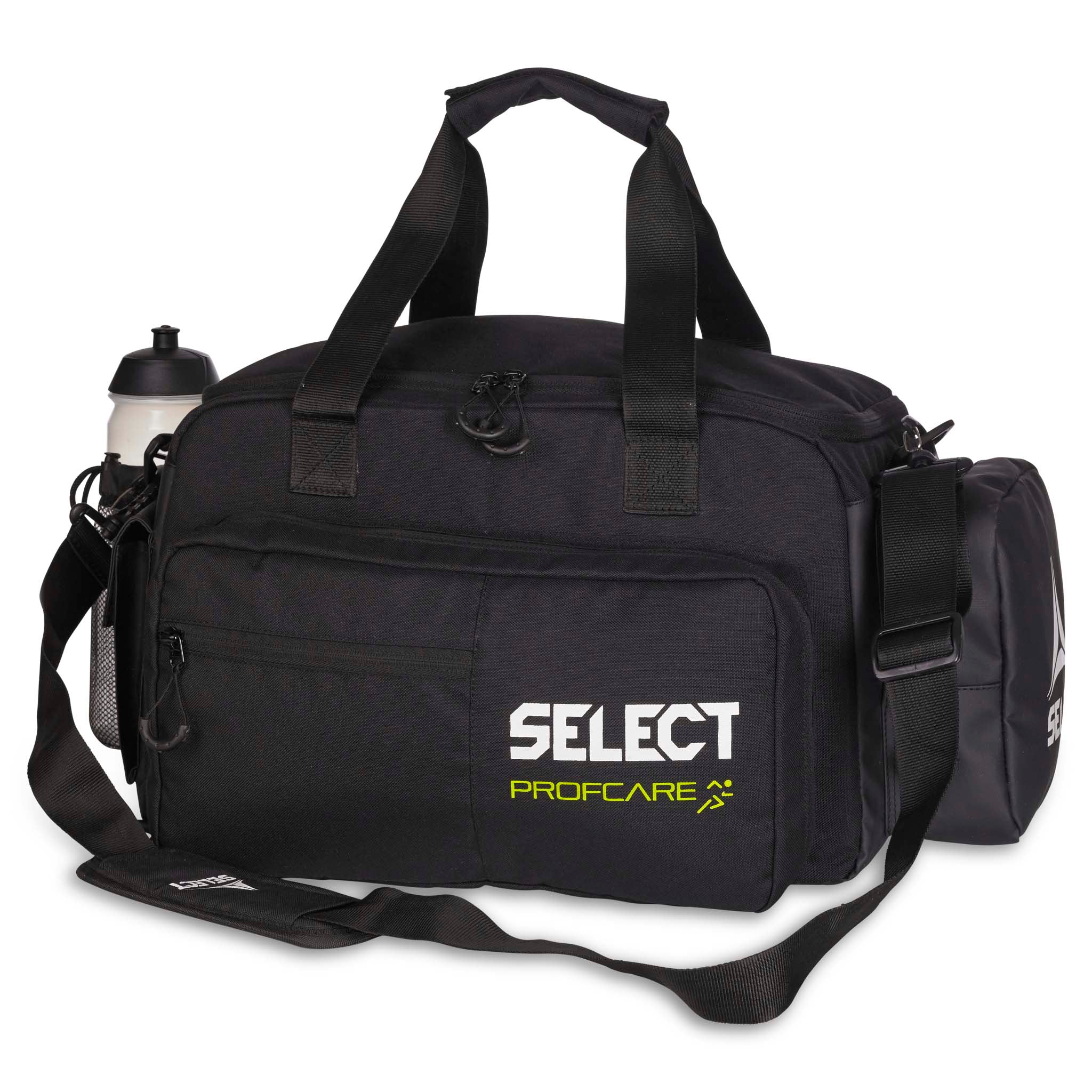 Black Medical bag junior v23, Sports care, front page with water bottle and Select Profcare logo