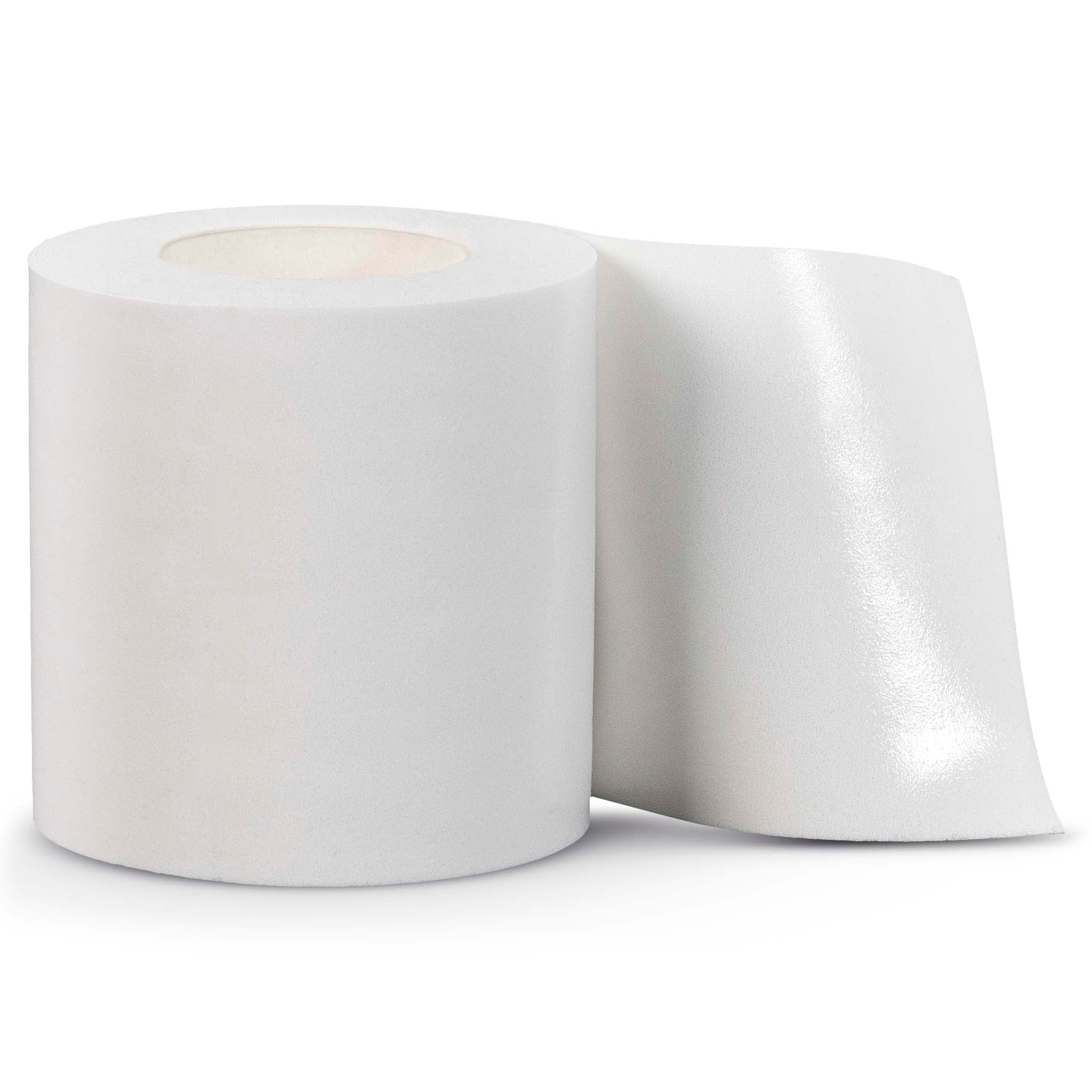 Front page of white Foam Tape roll, sports care product, with loose end unrolled.