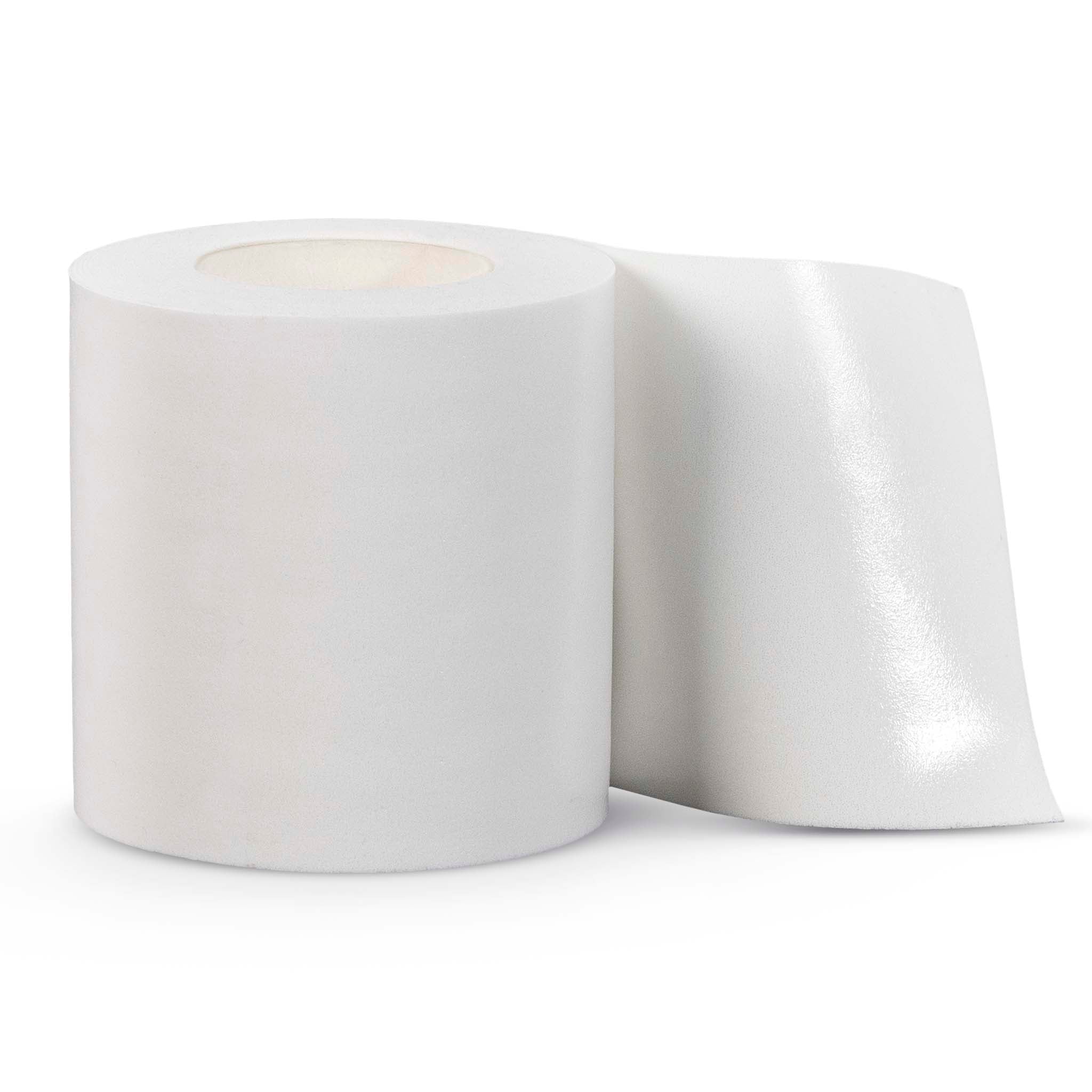 White Macure Foam Tape roll, sports care, front page view with foam strip partly unrolled.