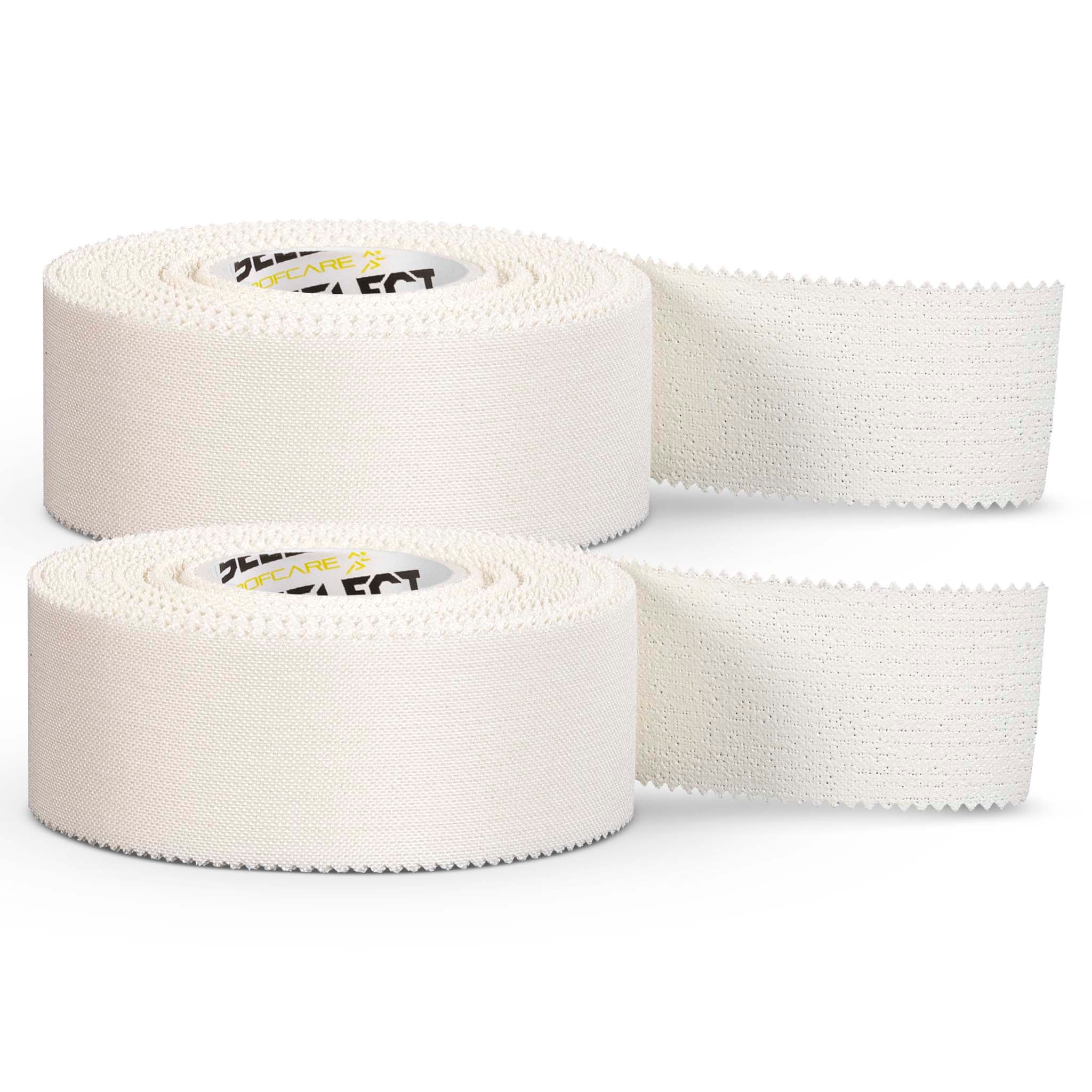 Pro Strap sportstape 2-pack, Sports care. Front page. Two white tape rolls partly unrolled.