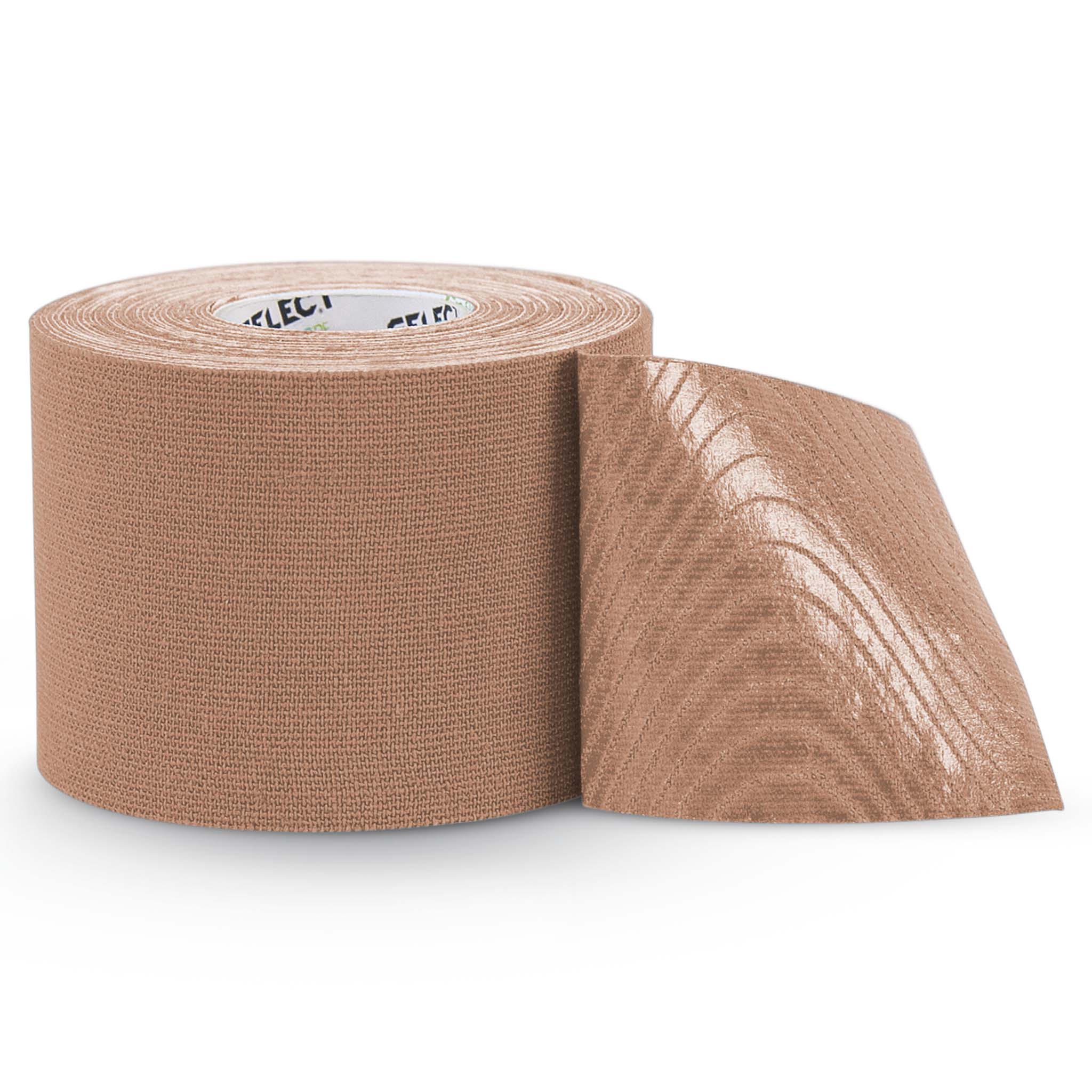 Front view of beige Tape Profcare K, a sports care kinesiology tape roll partly unrolled