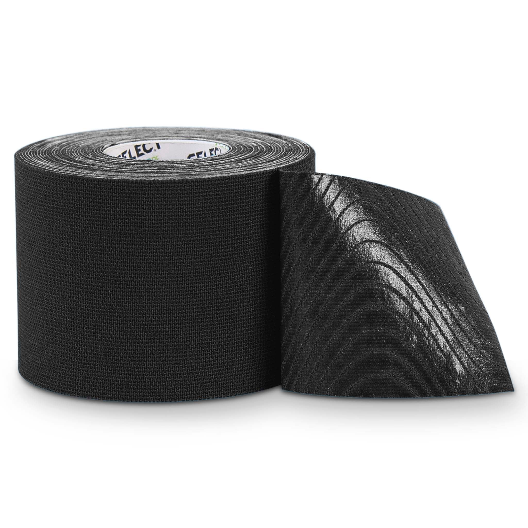 Front page of black Tape Profcare K, sports care kinesiology tape roll partly unrolled