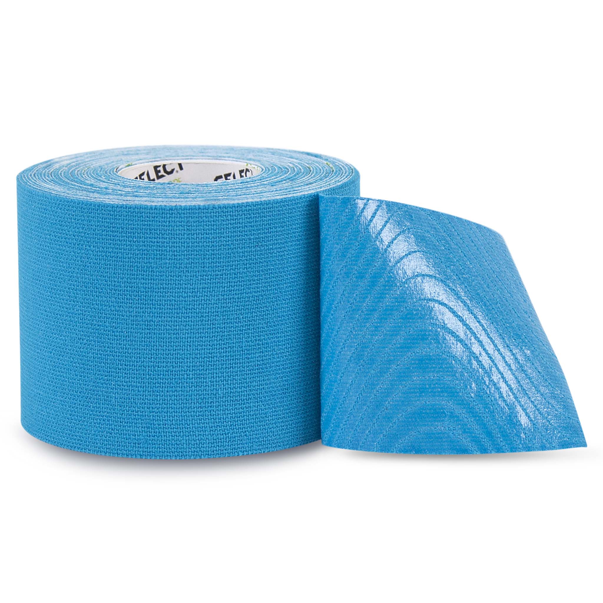 Front page of blue Tape Profcare K, sports care kinesiology tape roll partly unrolled.