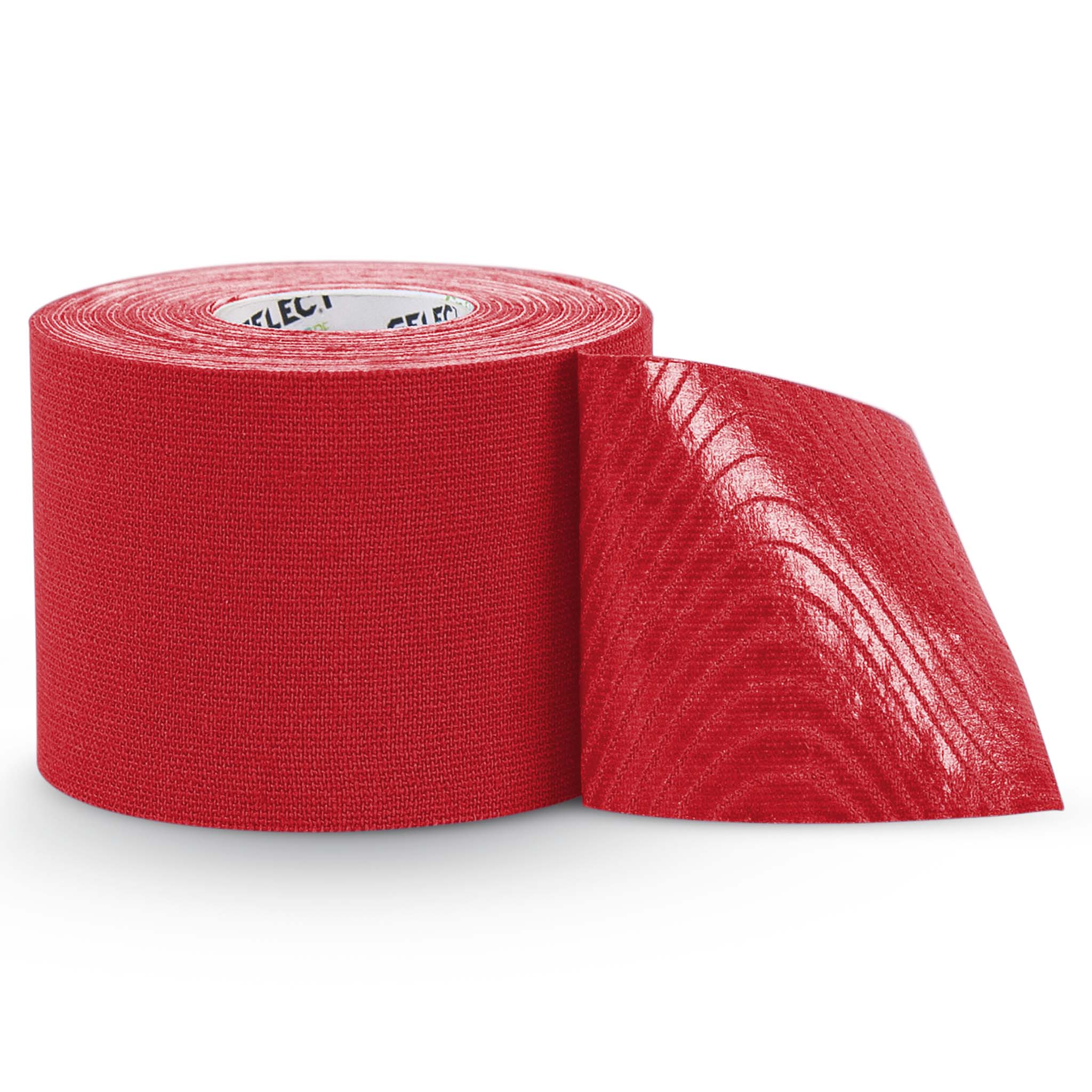 Front page of red Tape Profcare K, sports care kinesiology tape roll partly unrolled.