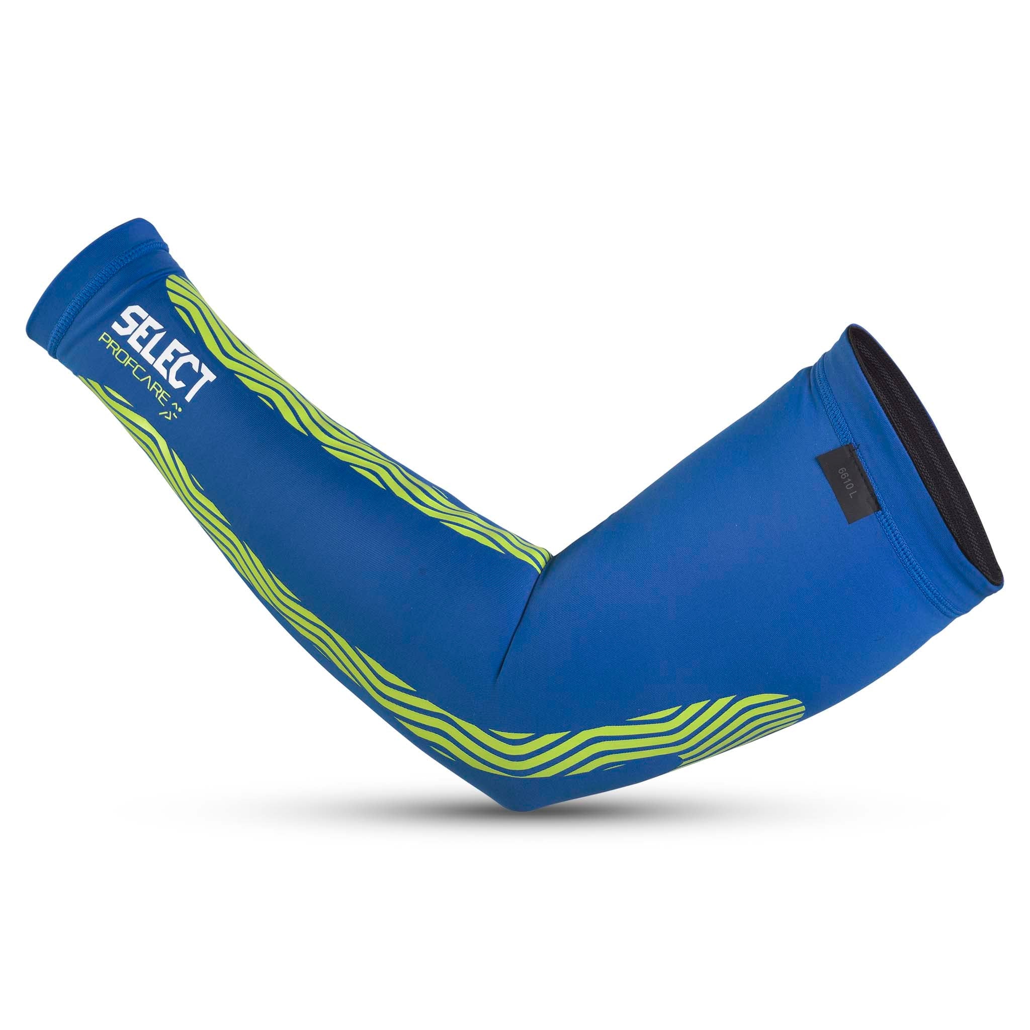 Blå Compression arm sleeve 6610 med grønne bølgede linjer, sportsstøtte, nærbillede forfra