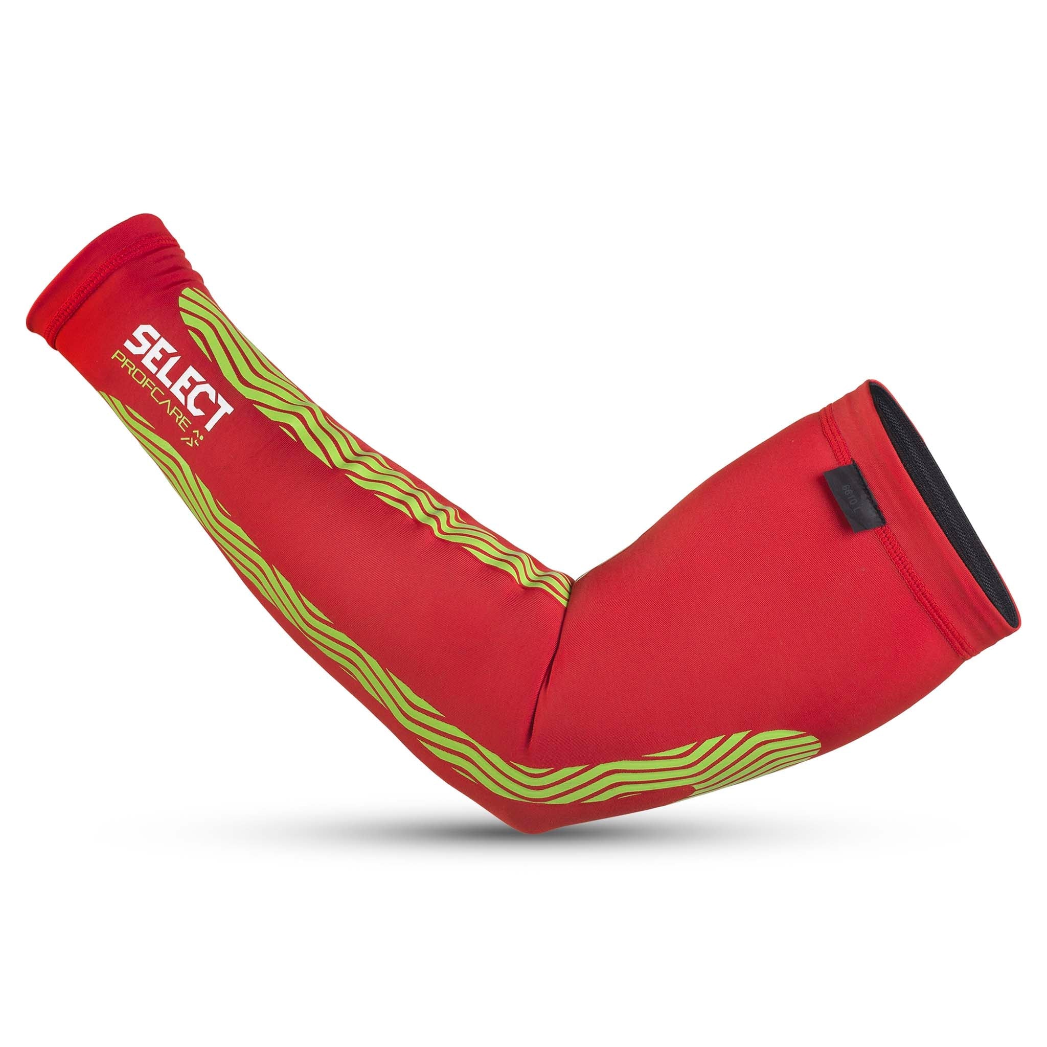 Rød kompressions-armsleeve 6610 med gult bølgemønster, sports support closeup med kinesiologisk effekt.