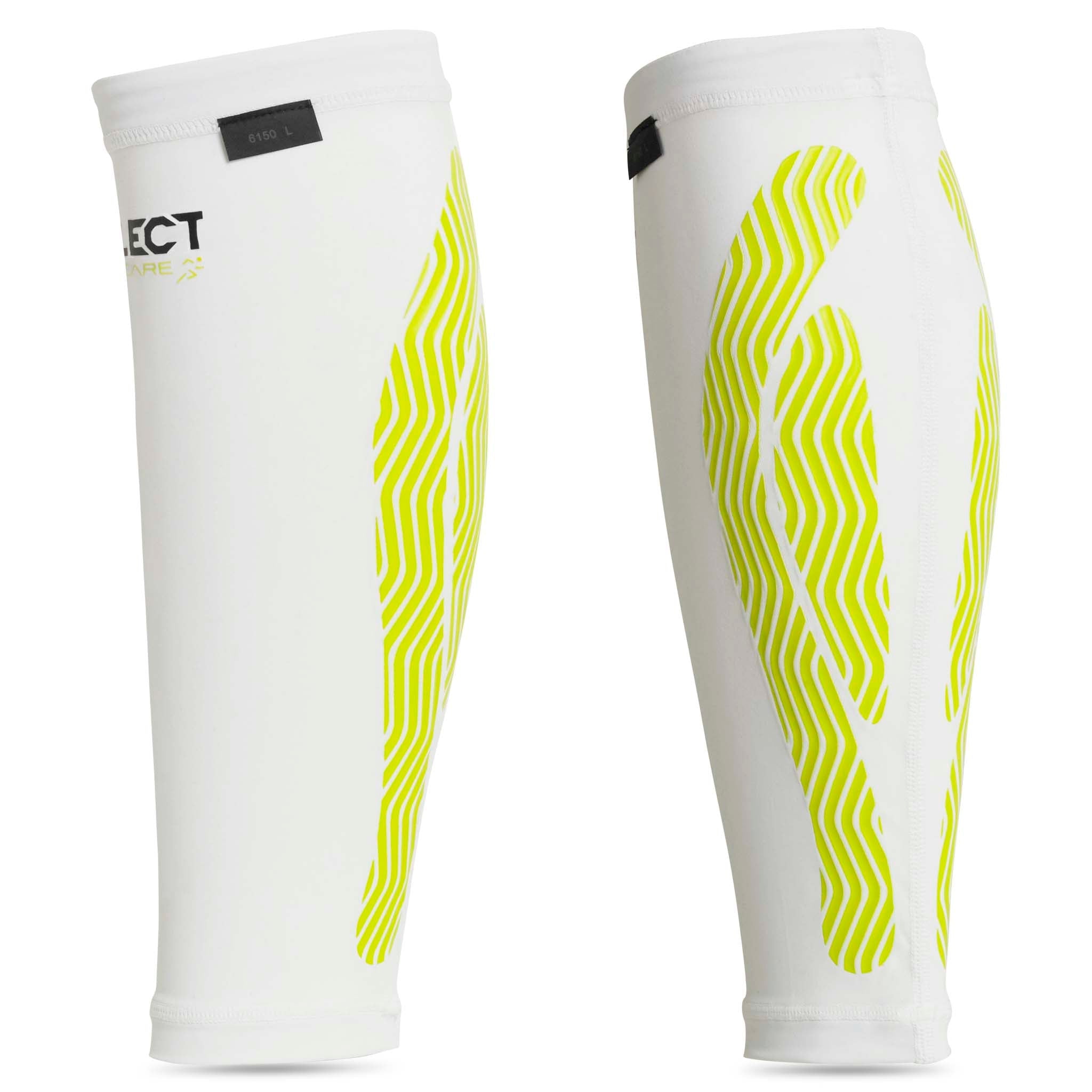 Compression Calf 6150 sportsstøtte, hvid med neongul design, for- og bagside.
