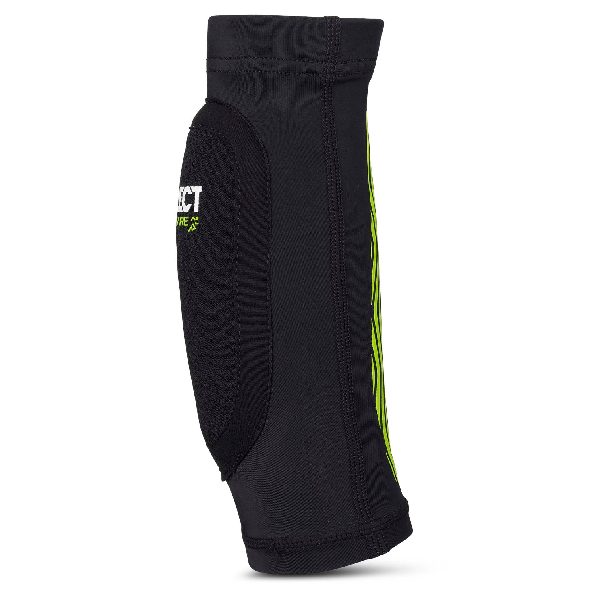 Sort Compression albuebeskytter youth 6651, sportsstøtte med grønne striber, set forfra.