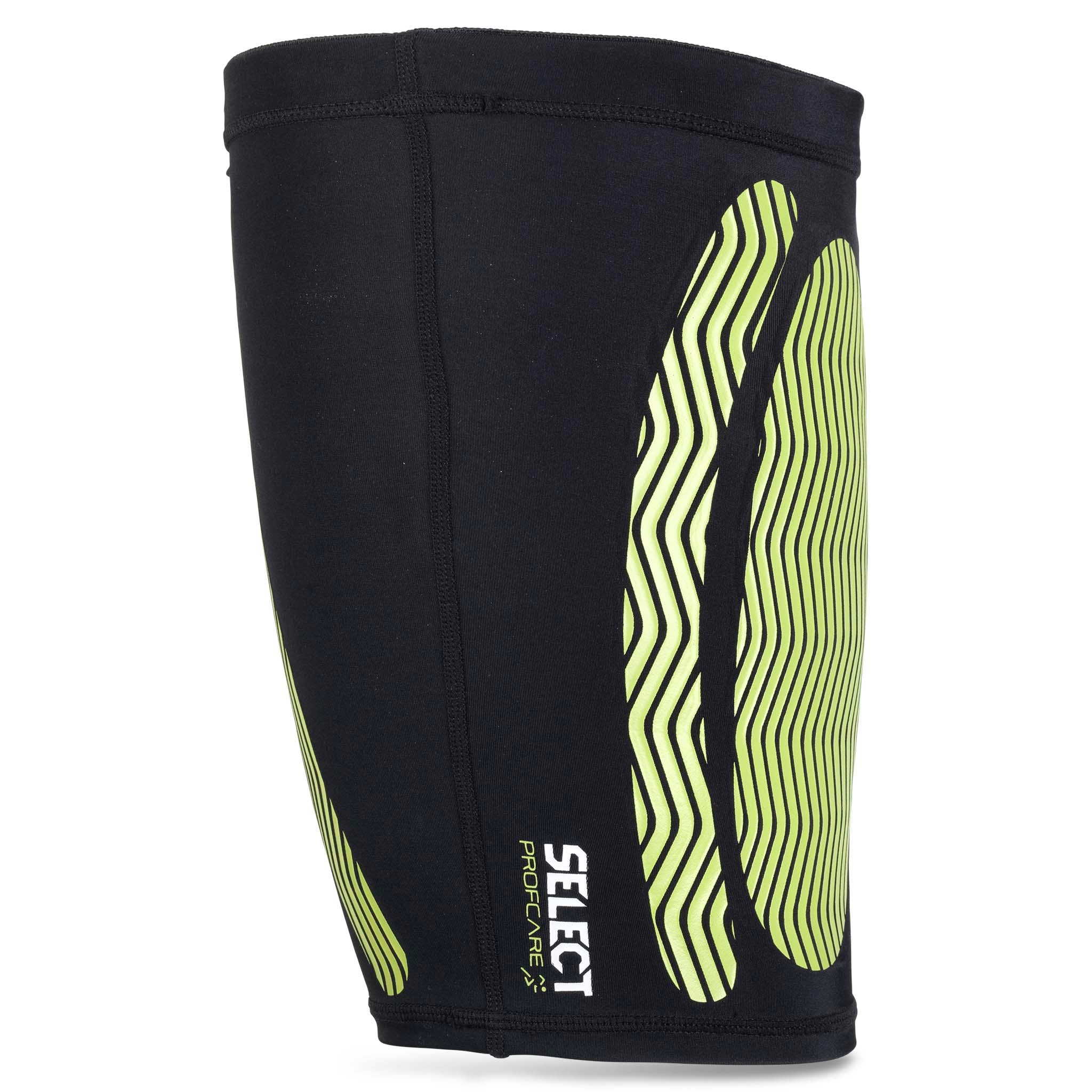 Sort Compression thigh support 6350 sportsstøtte med grønne detaljer, forside closeup.