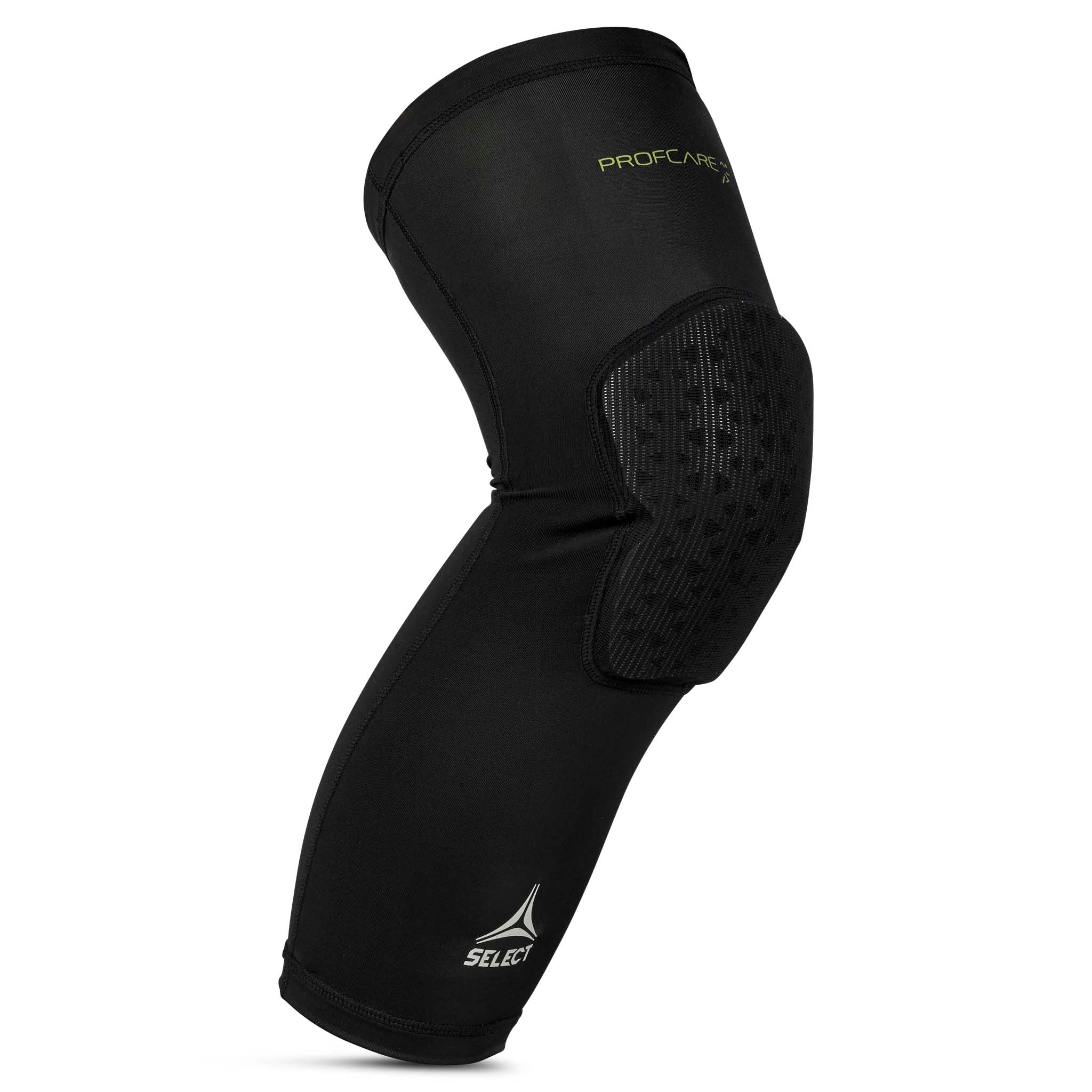Sort Compression knæstøtte lang 6253 sportsstøtte, set forfra med polstret beskyttelse