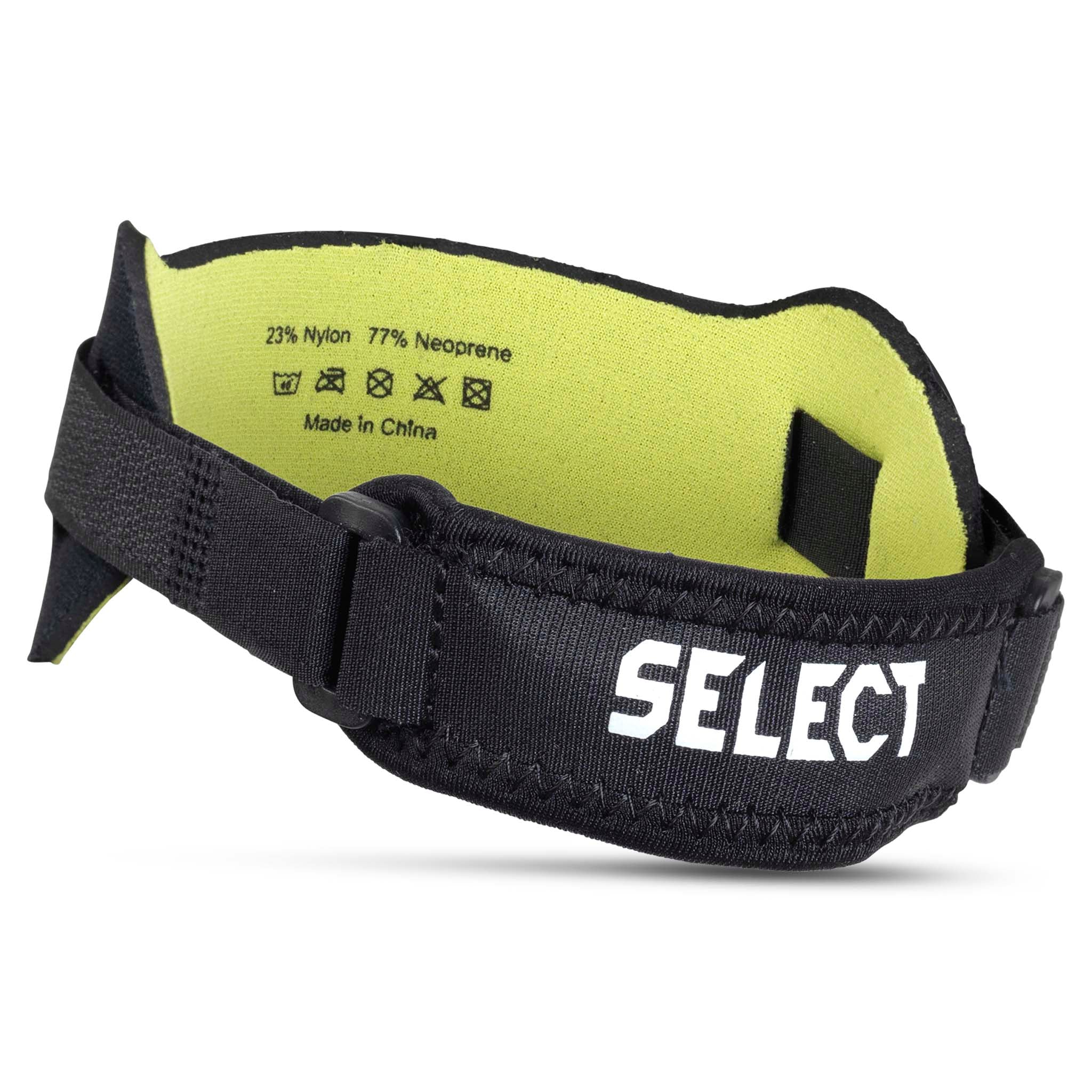 Sort og limegrøn Knee strap, sports support, set forfra med hvidt Select-logo.