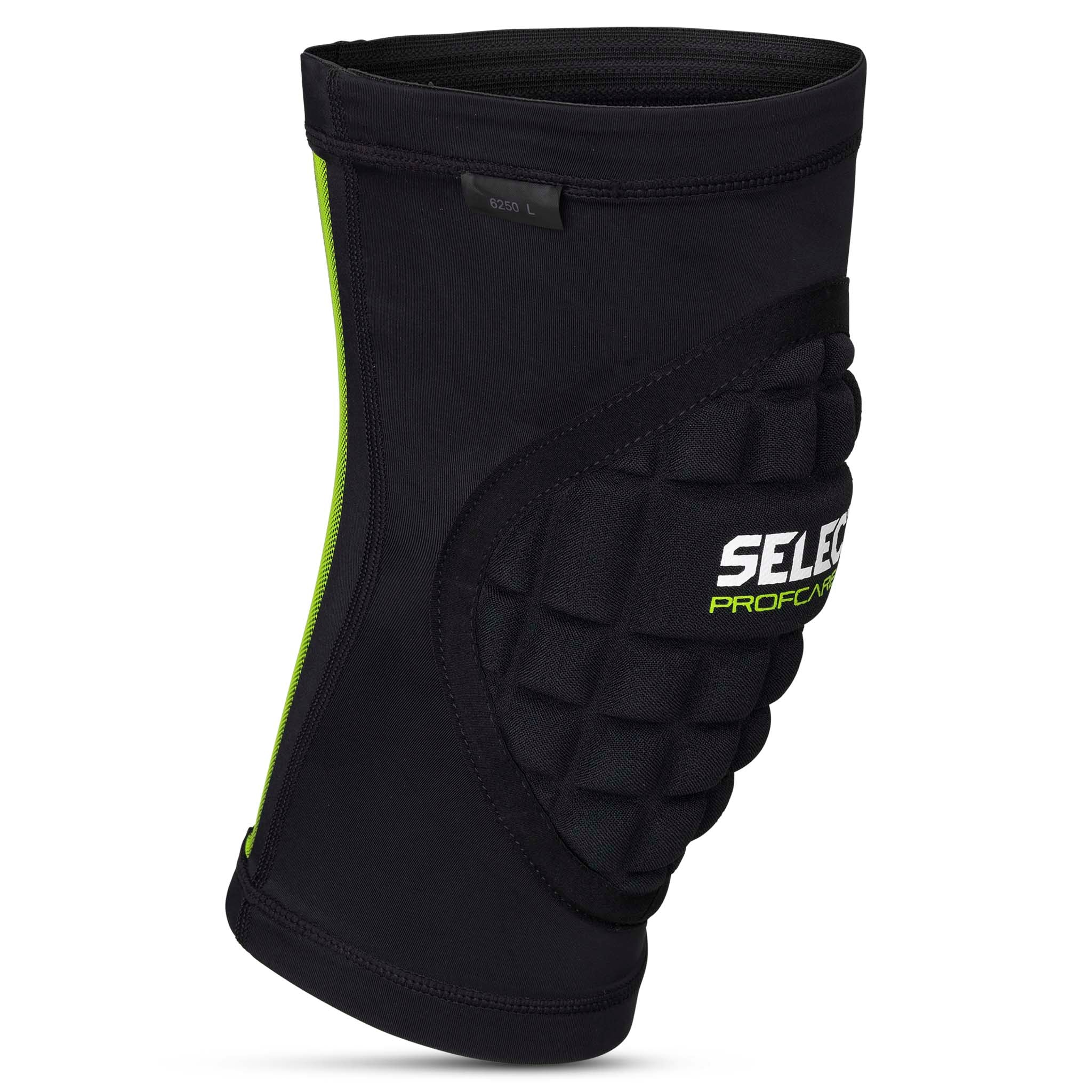 Forside af sort Compression knee handball 6250 sports support med grønne detaljer og polstret panel.
