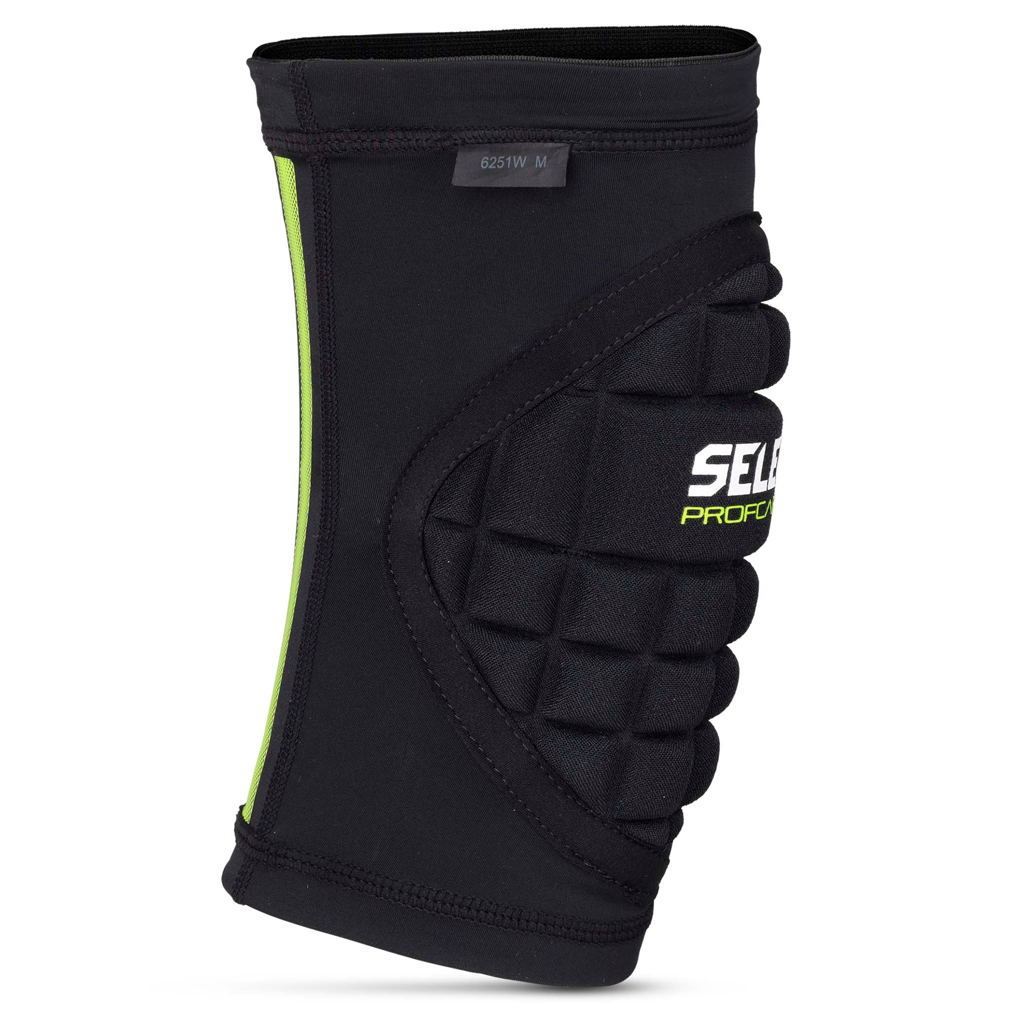 Sort Compression knee handball 6251W sportsstøtte med grøn kant og polstret panel, set forfra