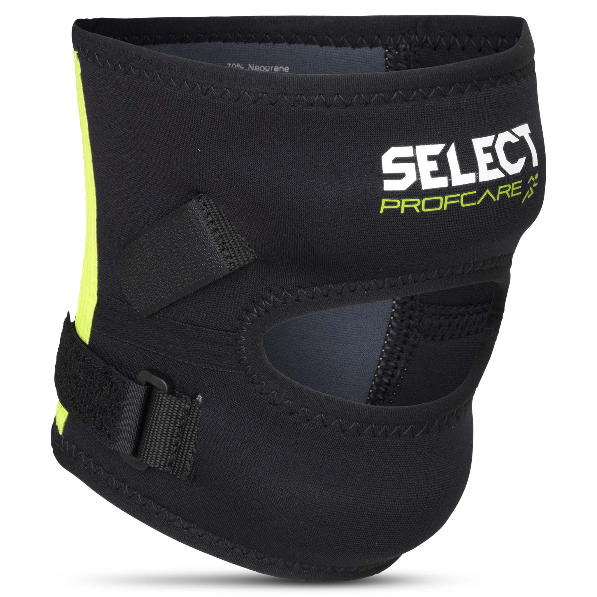 Black neoprene Knee support Stabilizer 6207 sports support with green trim and adjustable straps, front view.