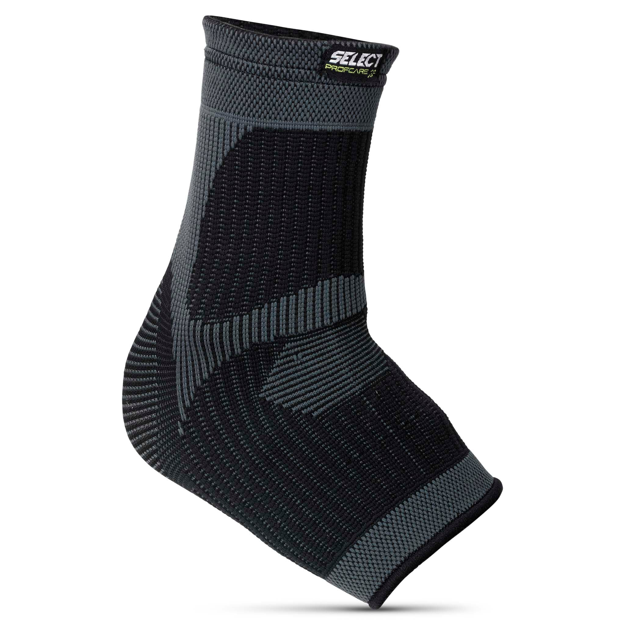 Forside af sort og grå Ankel support, en sports support med elastisk strikdesign.