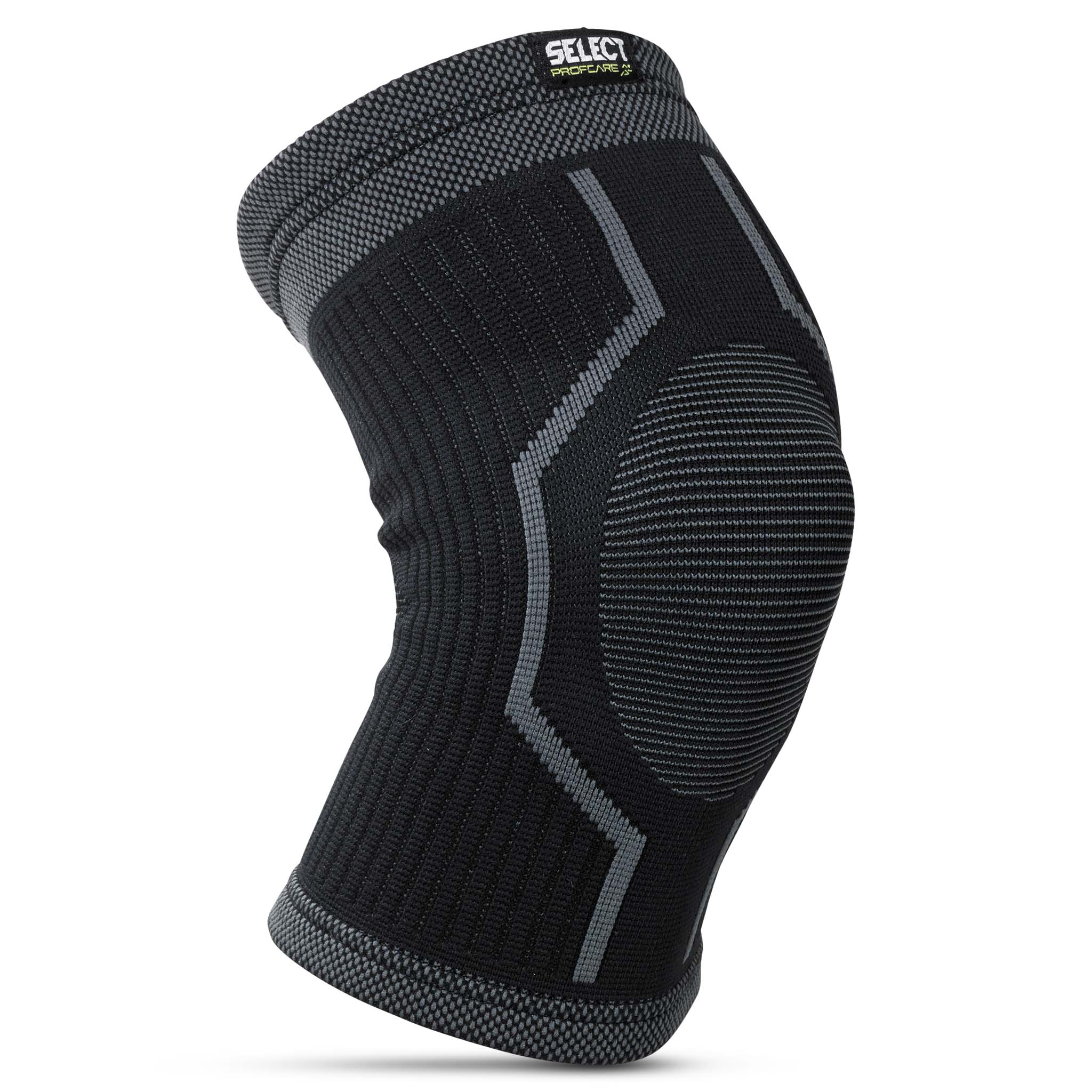 Forside af sort og grå Profcare Knee support, en sportsstøtte i elastisk strikstof.