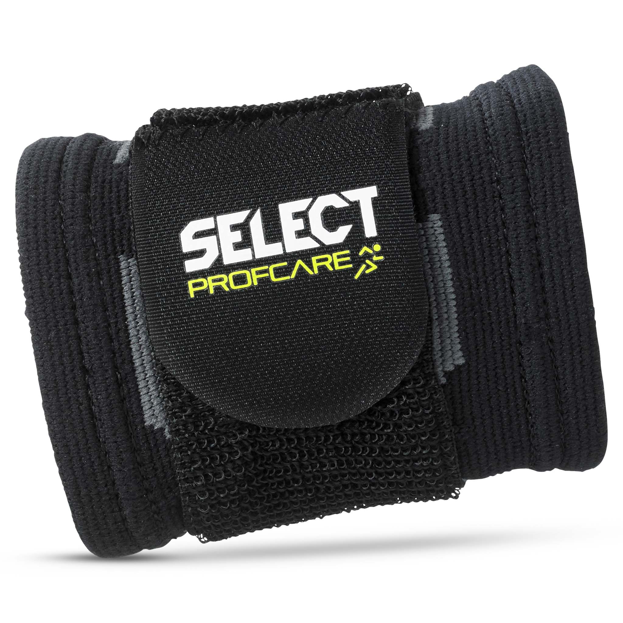 Sort Profcare håndledsstøtte, sportsstøtte, forsidevisning med hvidt Select-logo og justerbar strop.