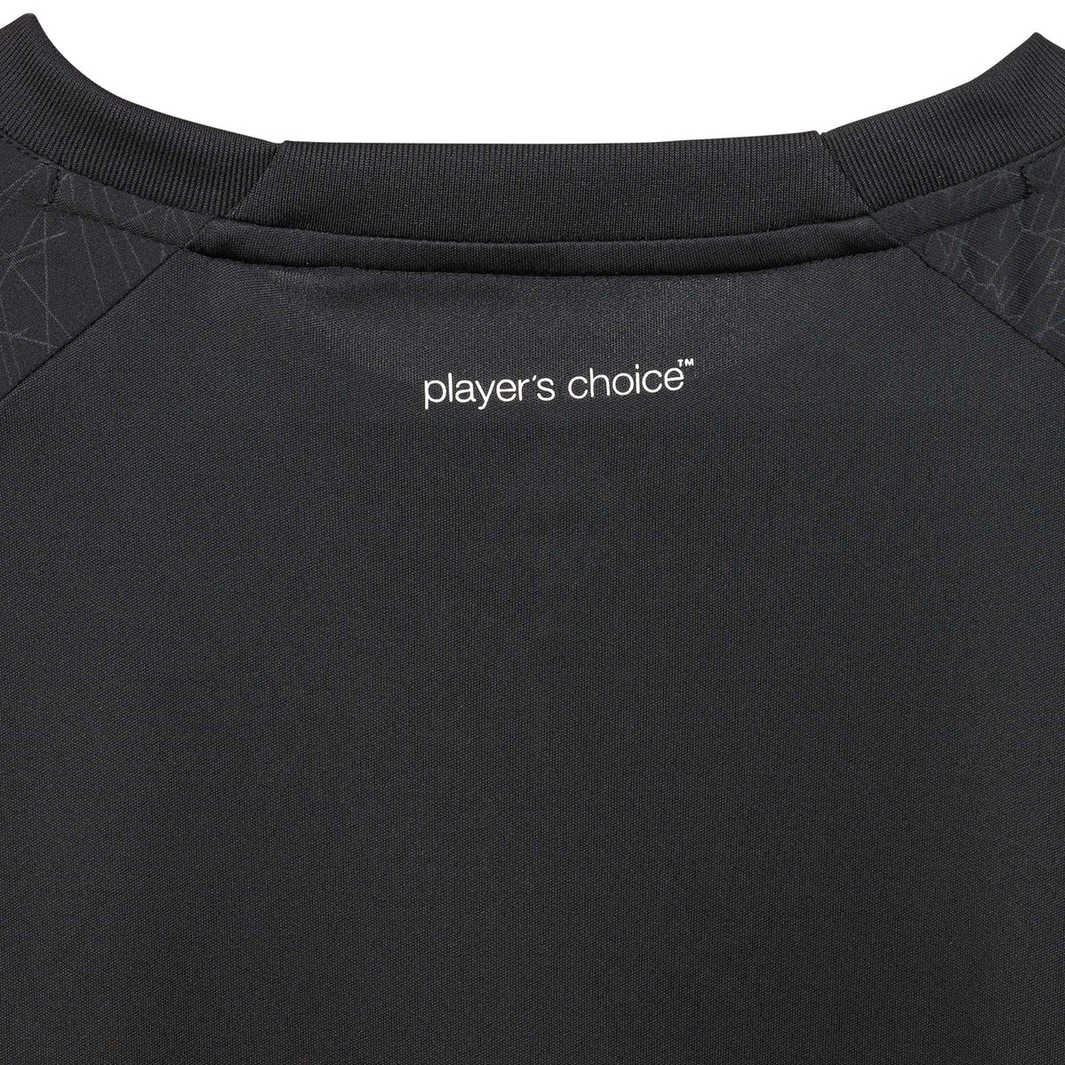 Closeup of Player shirt S/S Spain woman v25, Match & Training wear, in black with white "player's choice" football logo.
