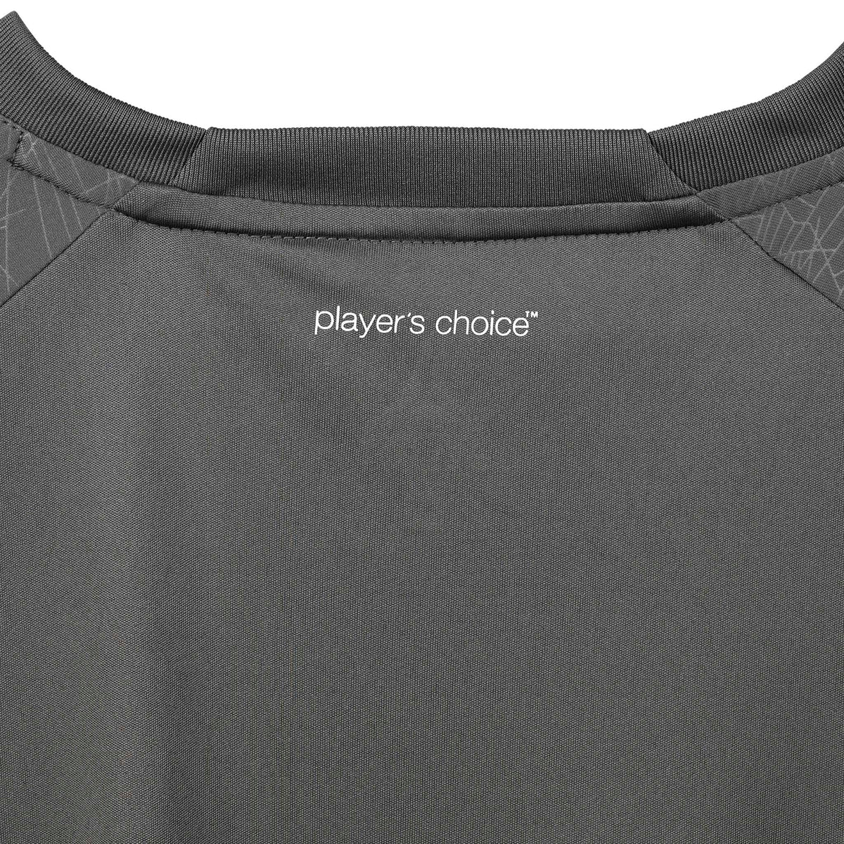 Closeup of grey Player shirt S/S Spain woman v25, Match & Training wear, neckline with white "player's choice" print.